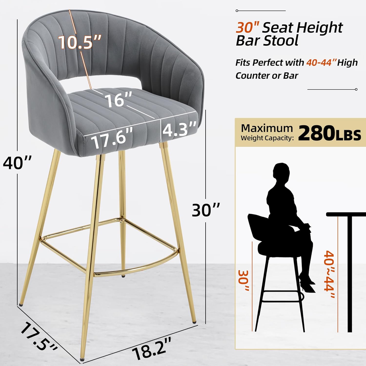 Westice Juego de 2 taburetes de bar, de terciopelo de 30 pulgadas de altura de asiento con respaldo y patas doradas, taburetes tapizados de altura