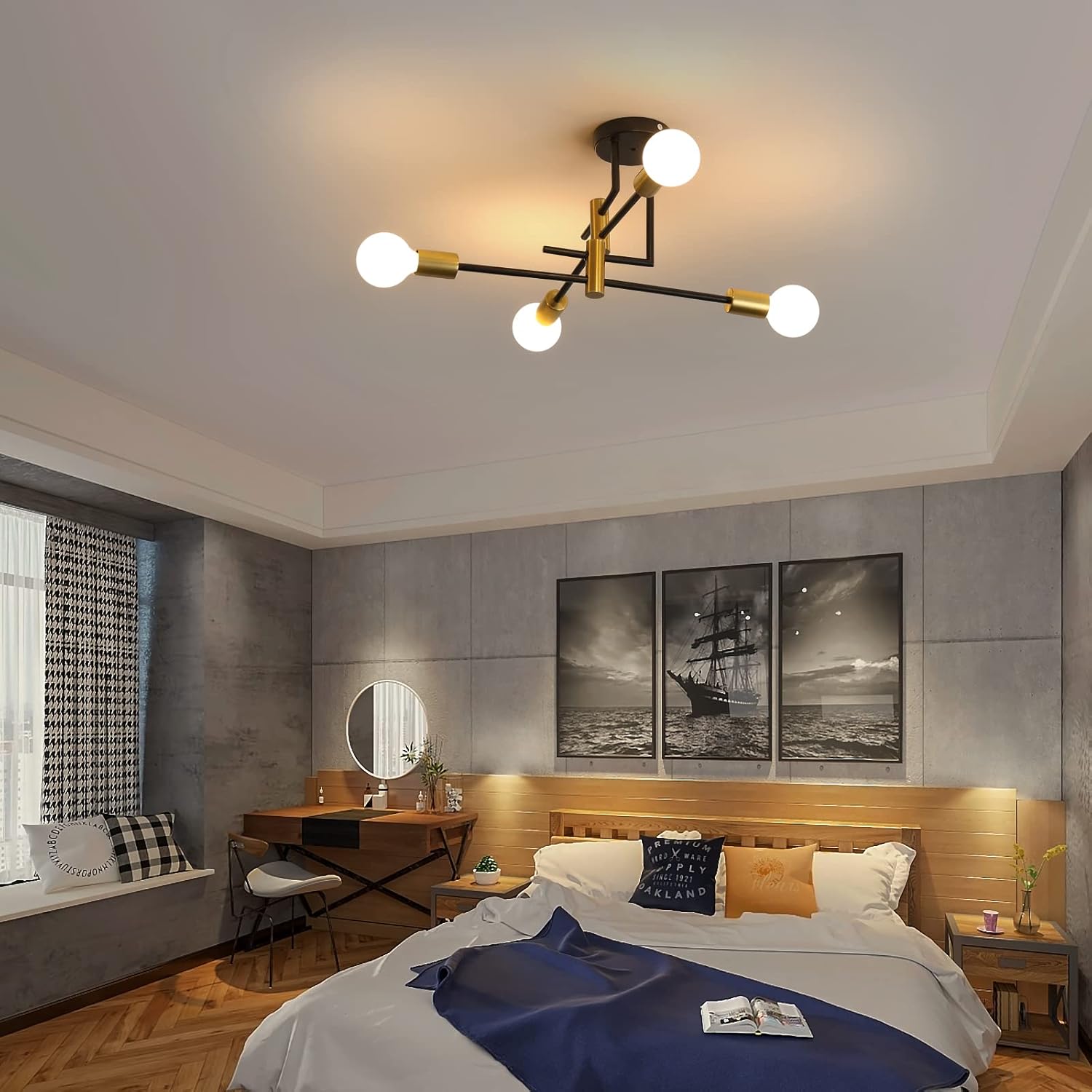 DELIPOP Sputnik – Lámpara de techo Sputnik moderna de 4 luces negras y doradas, lámpara de techo E26 de metal industrial semiempotrada para