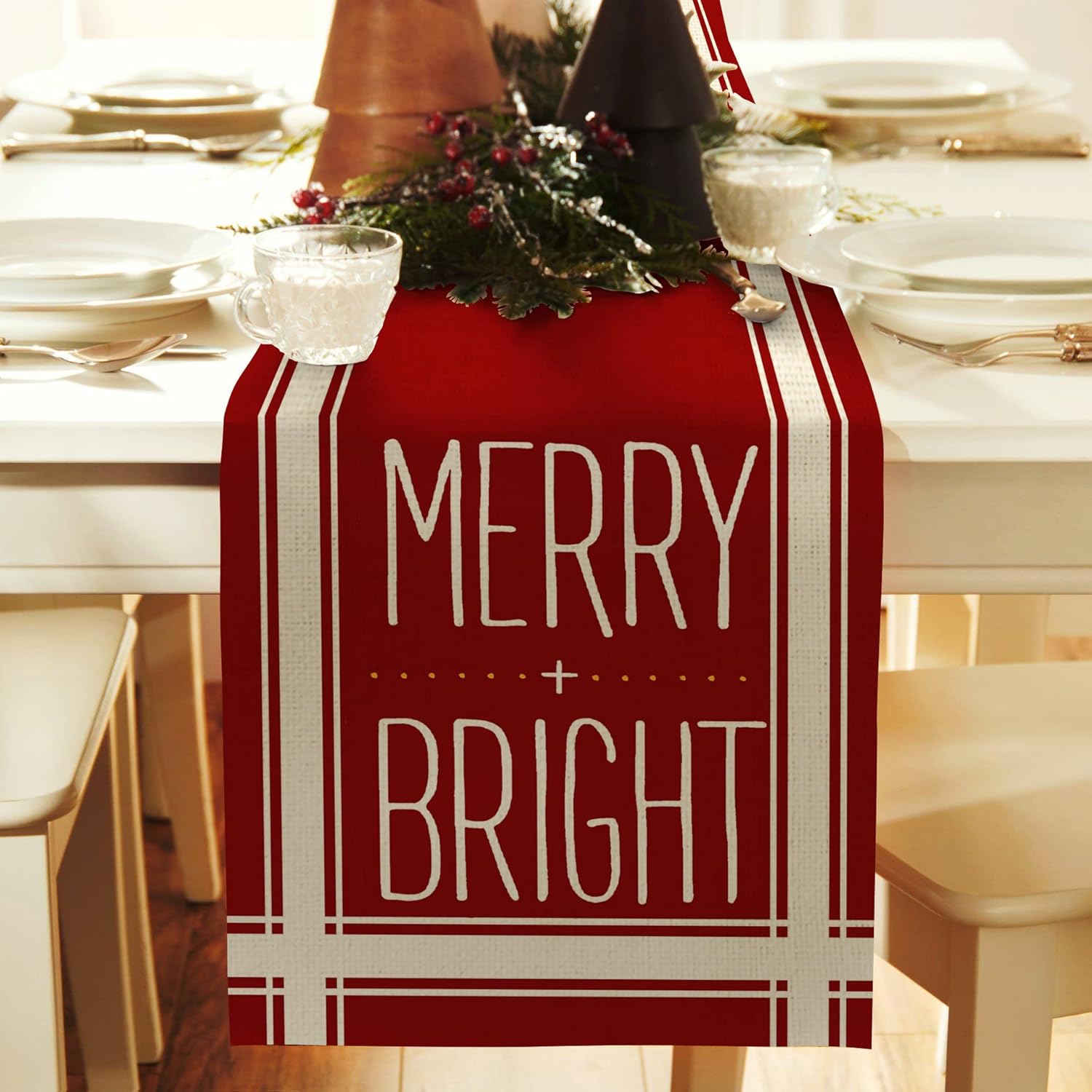 ARKENY Camino de mesa rojo de Navidad de 13 x 72 pulgadas, feliz invierno de arpillera de temporada para interiores, cocina, comedor, decoración de