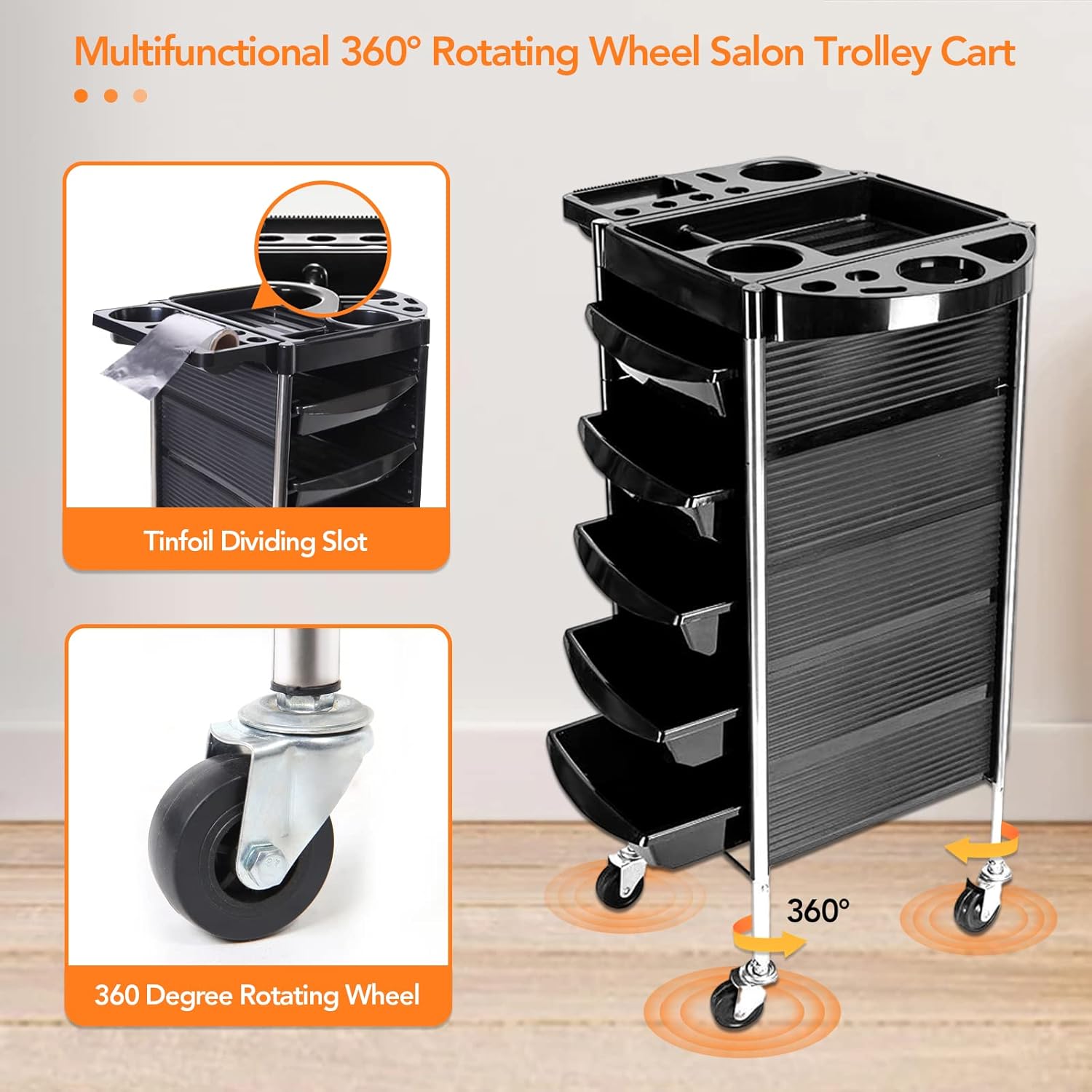 GORLENKEBeauty – Carrito de peluquería con ruedas con 5 cajones, carrito de peluquería con ruedas, color negro Y