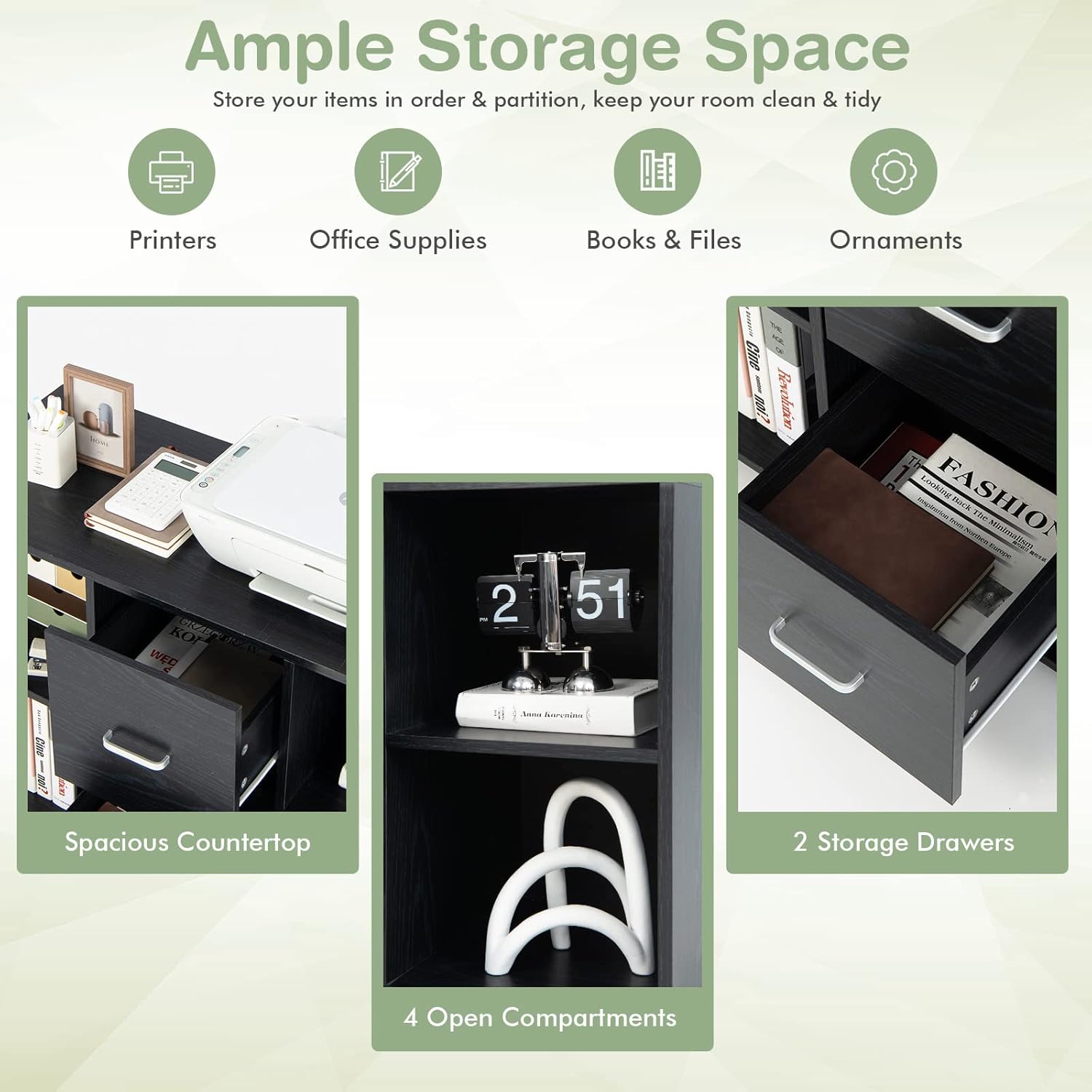 Archivador de 2 cajones, archivador lateral con estantes y ruedas, aparador de buffet negro, gabinete de almacenamiento rodante, gabinetes de madera
