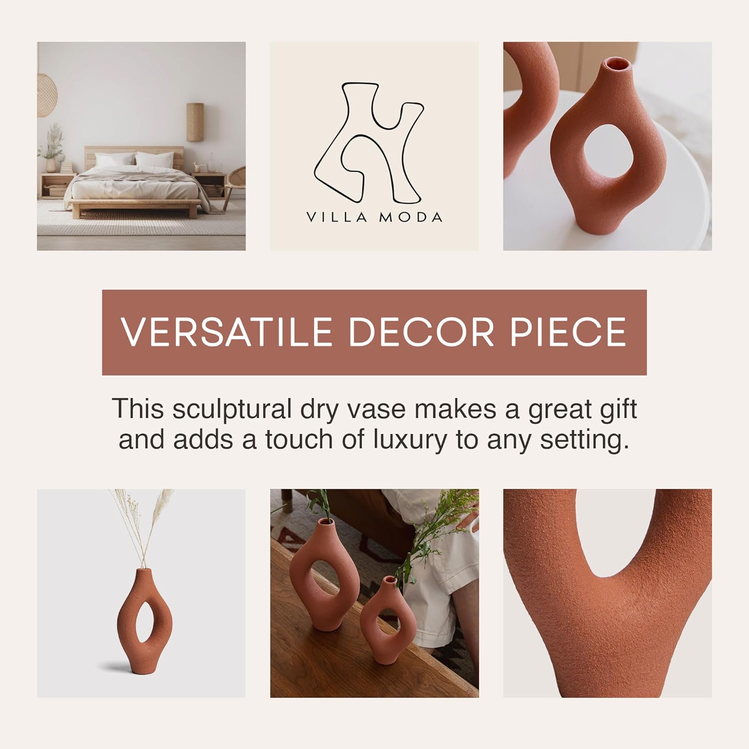 Villa Moda Emile Abstract – Jarrón decorativo orgánico moderno, mediano, terracota
