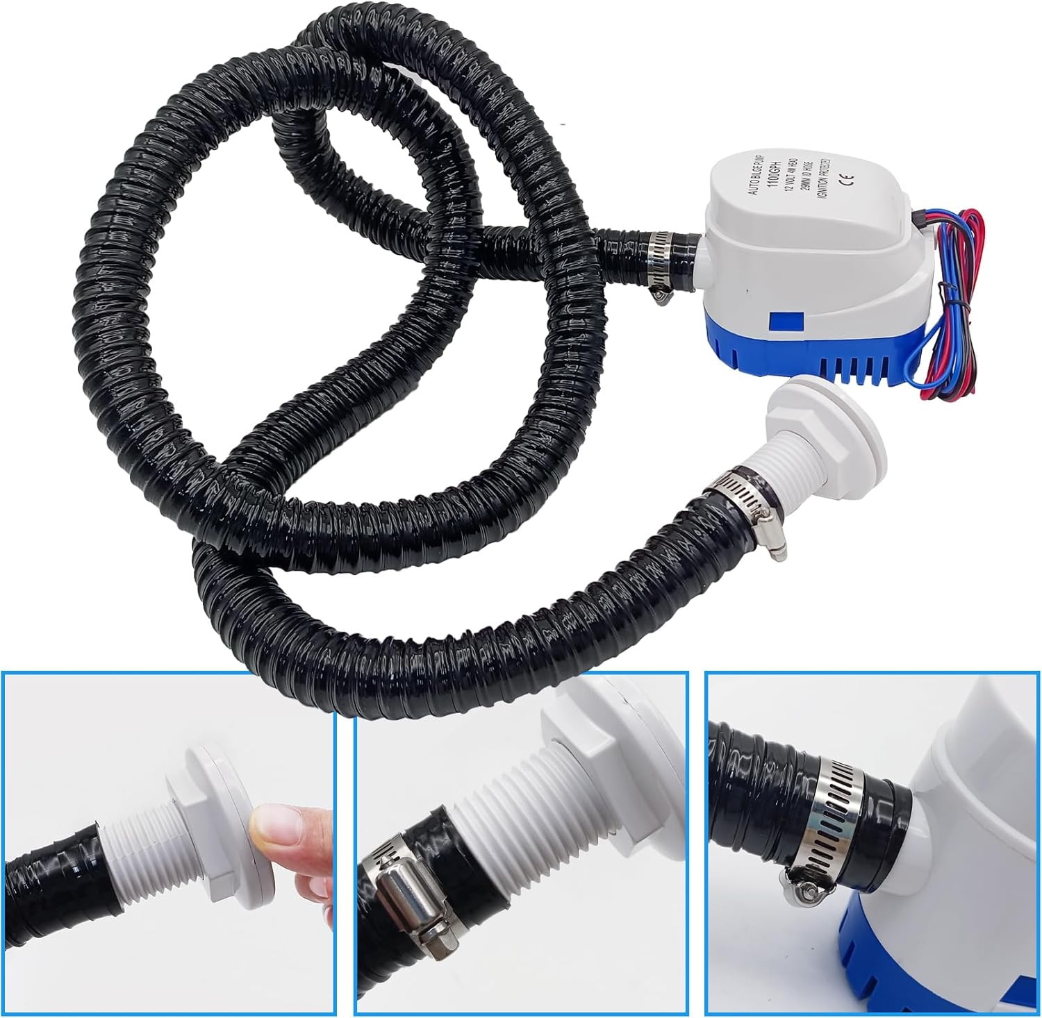 Kit de bomba de sentina universal para barco, bomba de sentina de 1100 gph, juego de plomería, abrazaderas de manguera a través del casco bomba