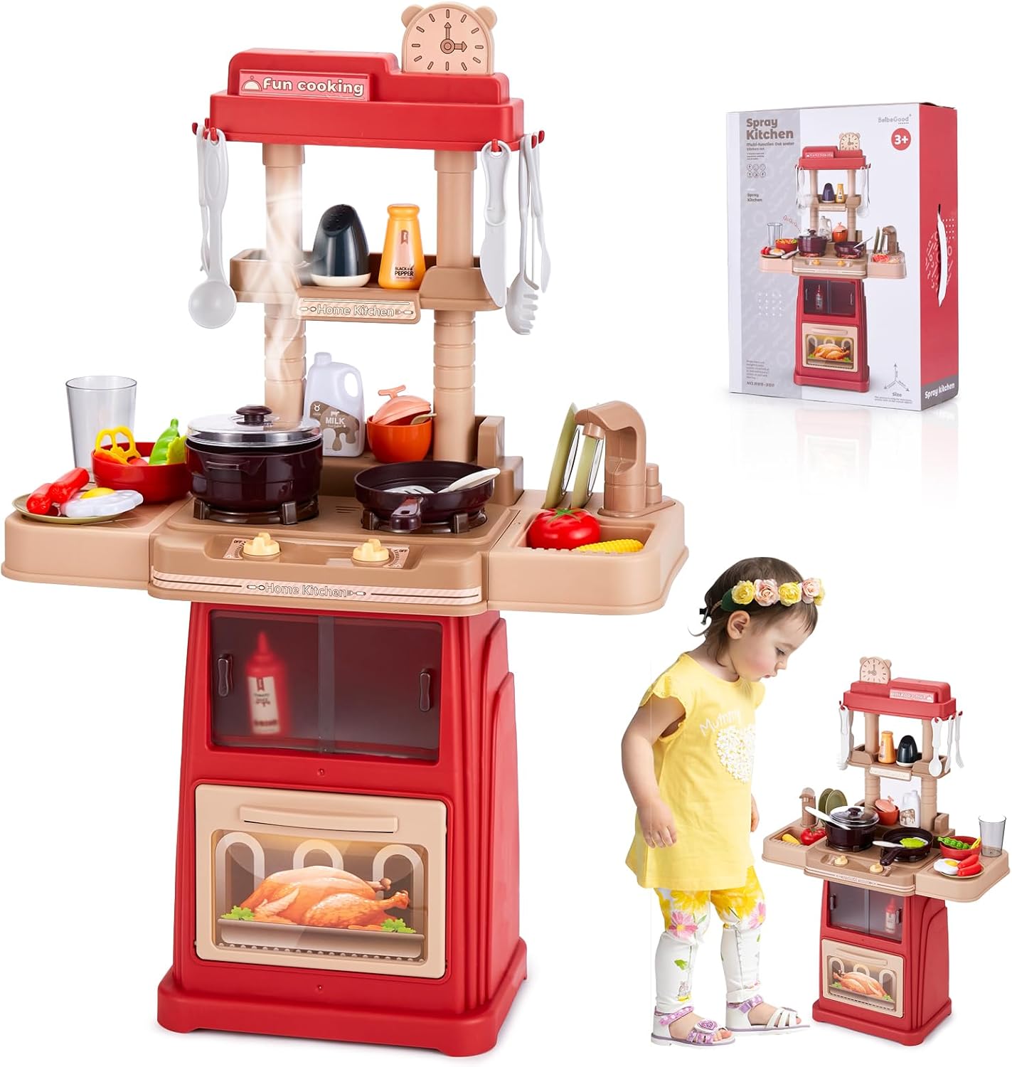 Juego de cocina para niños, 47 piezas de juguetes de cocina de 25 pulgadas para niños pequeños, juego de accesorios de juguete con sonidos y luces