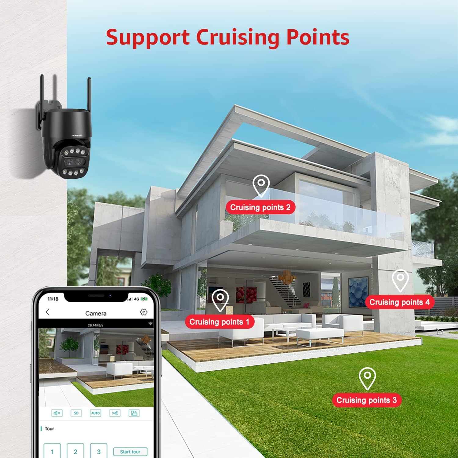 BOAVISION Cámara de seguridad 4G para exteriores, cámara de exterior Wi-Fi de doble lente 2K, cámaras PTZ de 360 para seguridad del hogar con