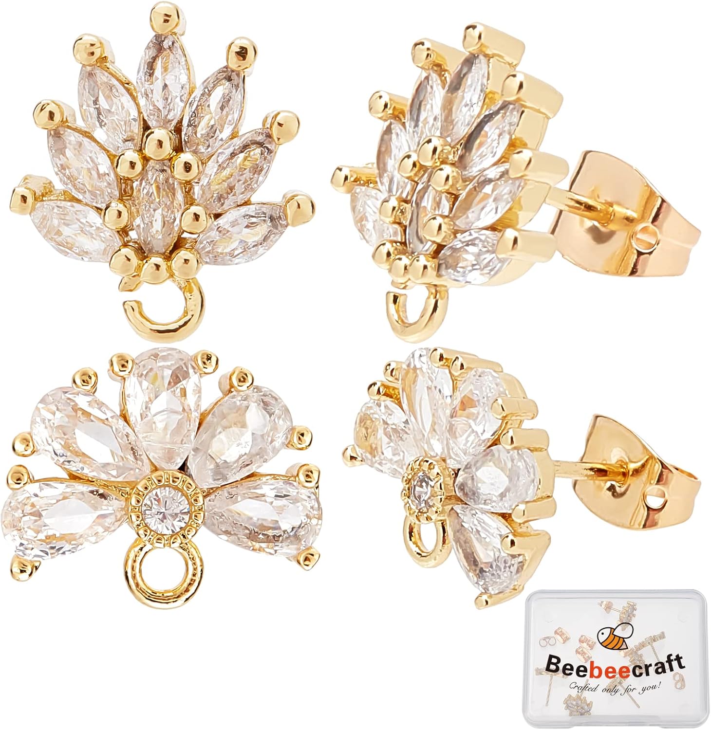 Beebeecraft 4 pares de aretes de latón con circonitas cúbicas de latón con lazo para mujeres y niñas, fabricación de joyas, manualidades