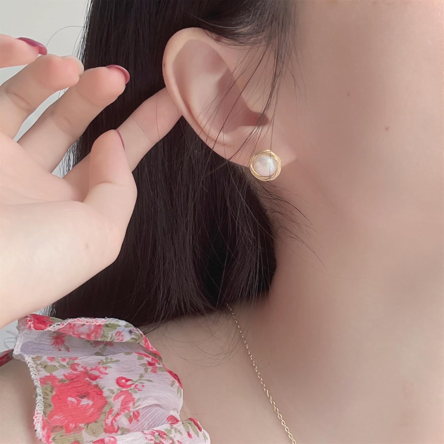 Natural Baroque Freshwater Pearl Earrings for Women, White Round Pearls, Wire Wrap Gold Stud Earrings Jewelry, Handmade Jewelry Gift for Mom Lover