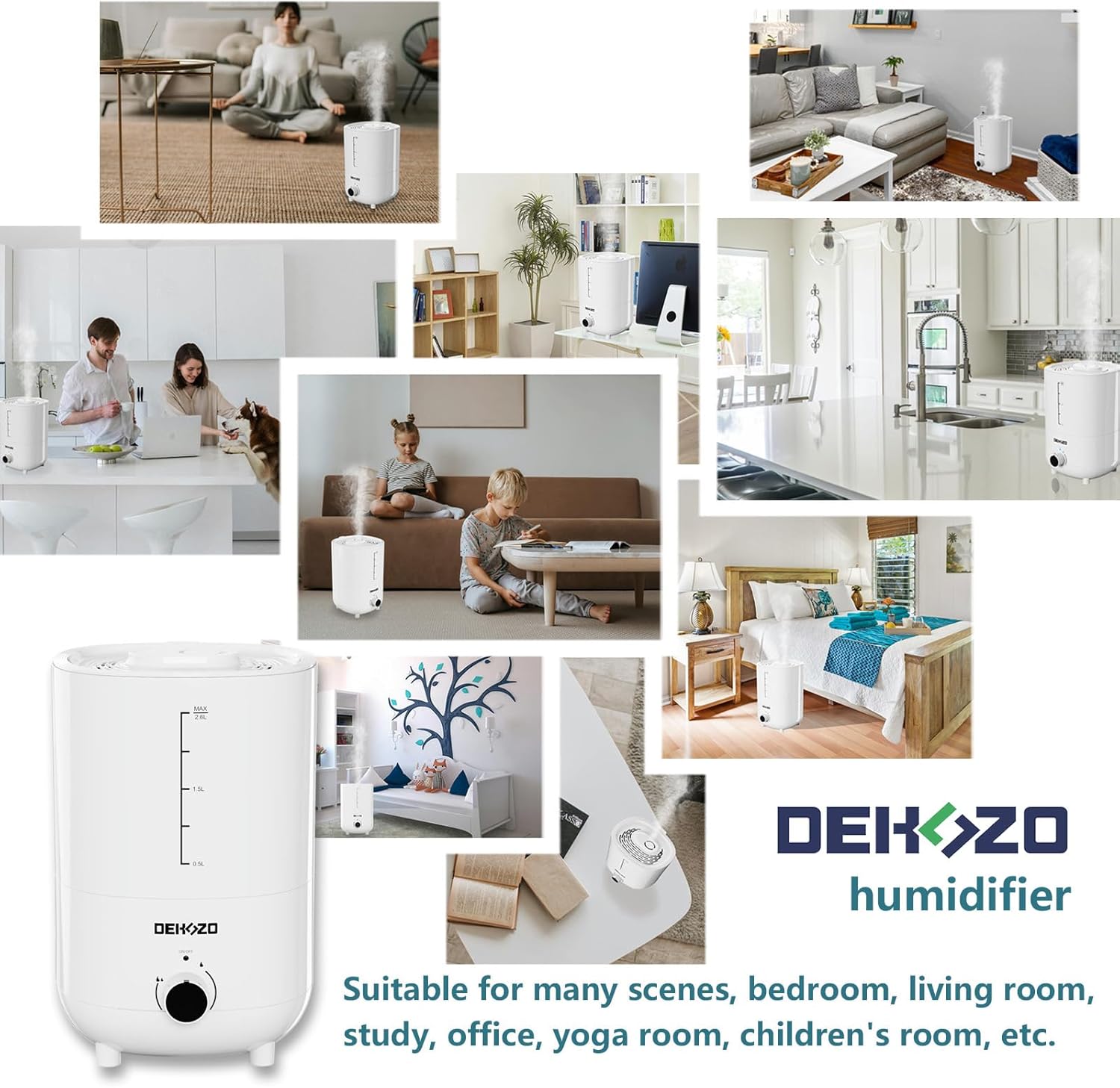 DEHOZO Humidificadores para dormitorio, bebé, 2.6 L, llenado superior para habitaciones grandes, oficinas, habitación de niños, 25 dB, silencioso,