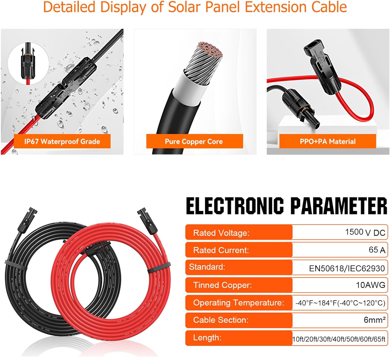 10AWG Solar Extension Cable 60 Feet, 10 Gauge Solar Cables 60Ft for Solar Systems, Car, RVs, and Boats, Tinned Copper PV Wire Ends with Solar