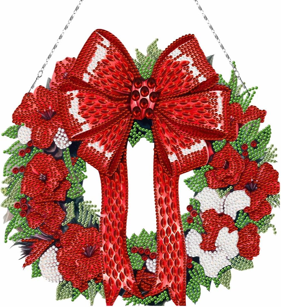 AZURAOKEY Cartel colgante de corona de pintura de diamante de Navidad, kit de corona de diamantes de imitación de cristal 5D, kits de arte de