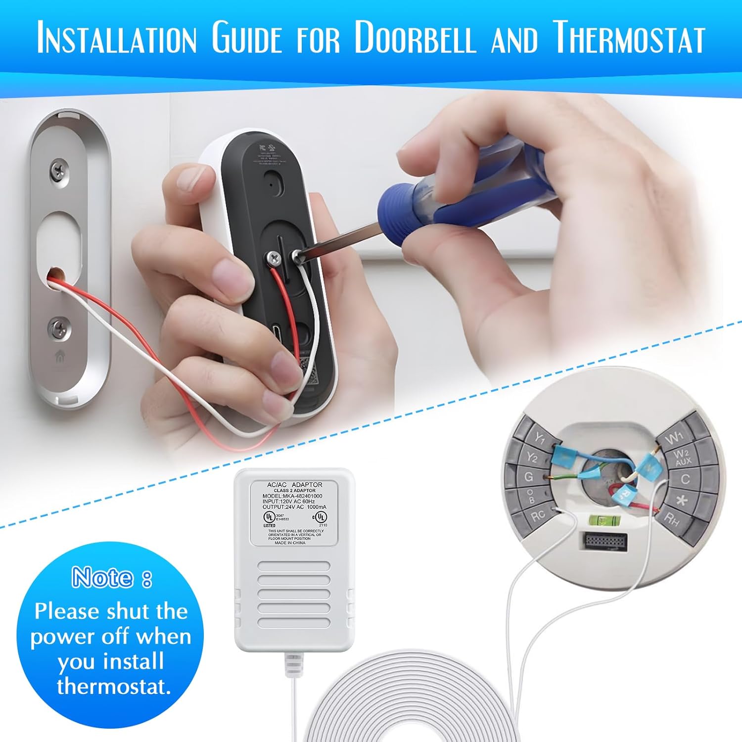Saillong Transformador de 1000 mA de 24 voltios, adaptador de cable C de 16.5 pies de largo compatible con todas las versiones de timbre de timbre y