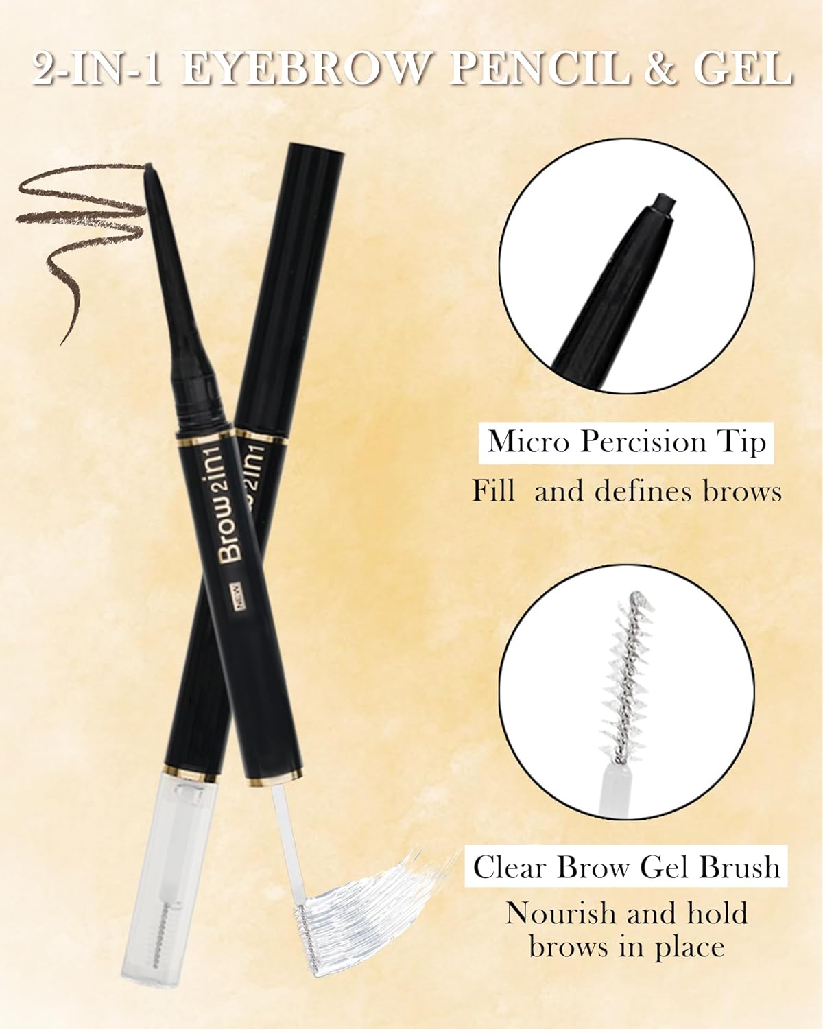 Gel de cejas y lápiz de cejas 2 en 1, lápiz retráctil de cejas marrón oscuro, gel impermeable para cejas, ultra fino de larga duración para un