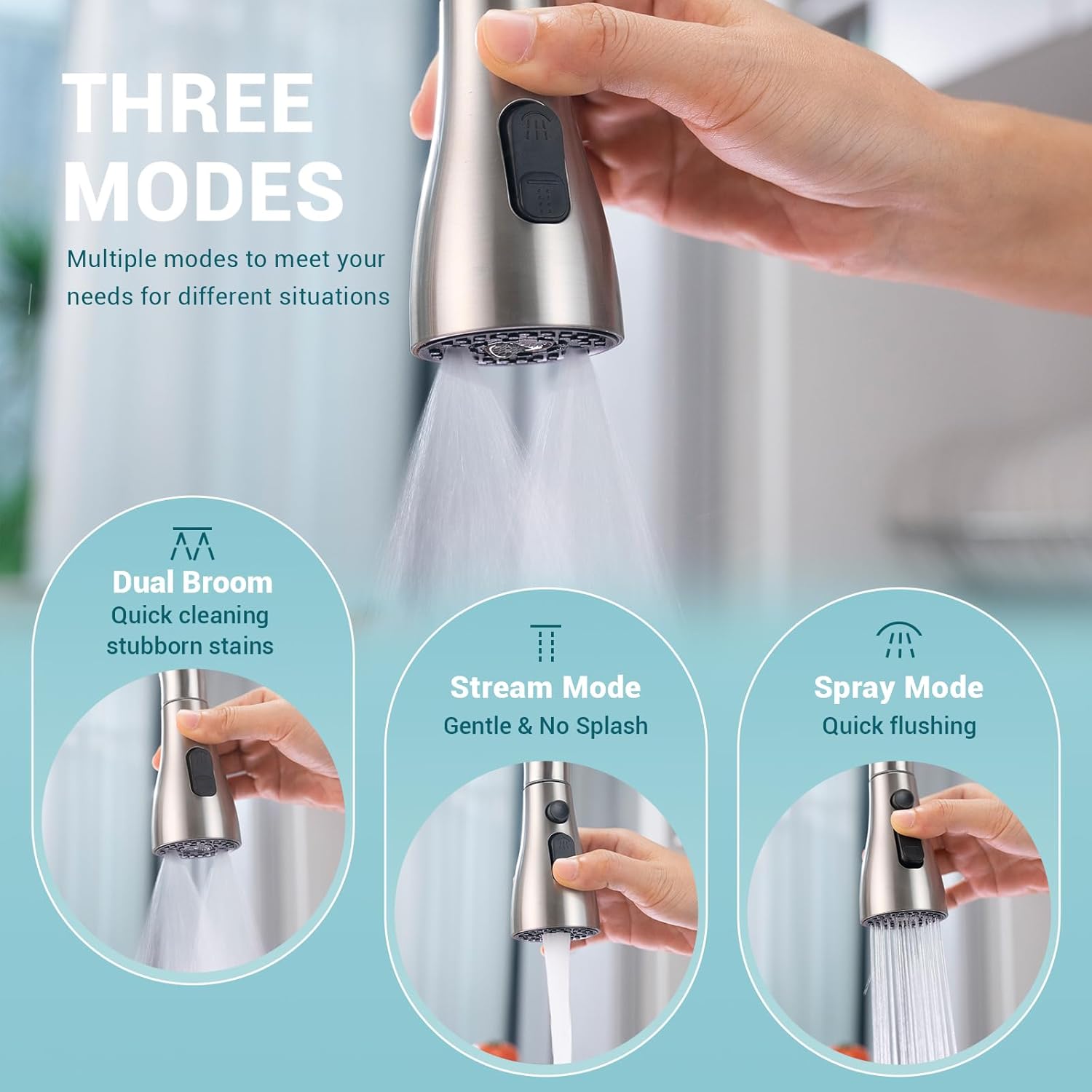 DAYONE Fuacet de cocina con dispensador de jabón de níquel cepillado, 3 modos de acero inoxidable para fregadero de cocina de 12 agujeros, grifo de