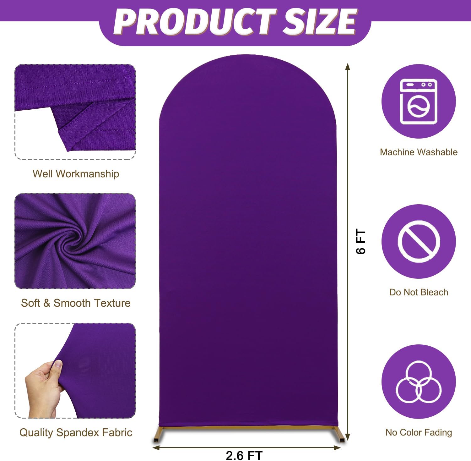 Cubierta de arco de boda morada de 2.6 x 6 pies, tela de elastano, cubierta de soporte de arco superior, cubierta de arco único, tela de telón de