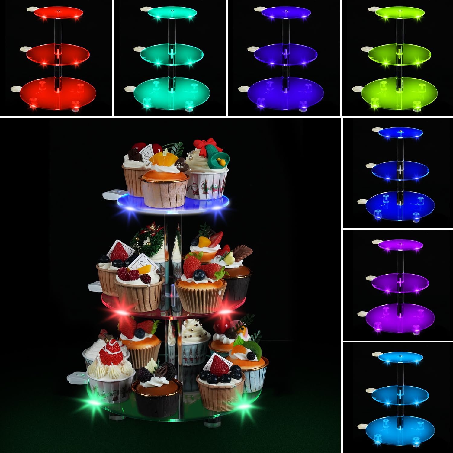 OceanWings Soporte acrílico de 3 niveles para cupcakes con luz LED, colorido soporte redondo para cupcakes, torre de postres para cumpleaños, bar,