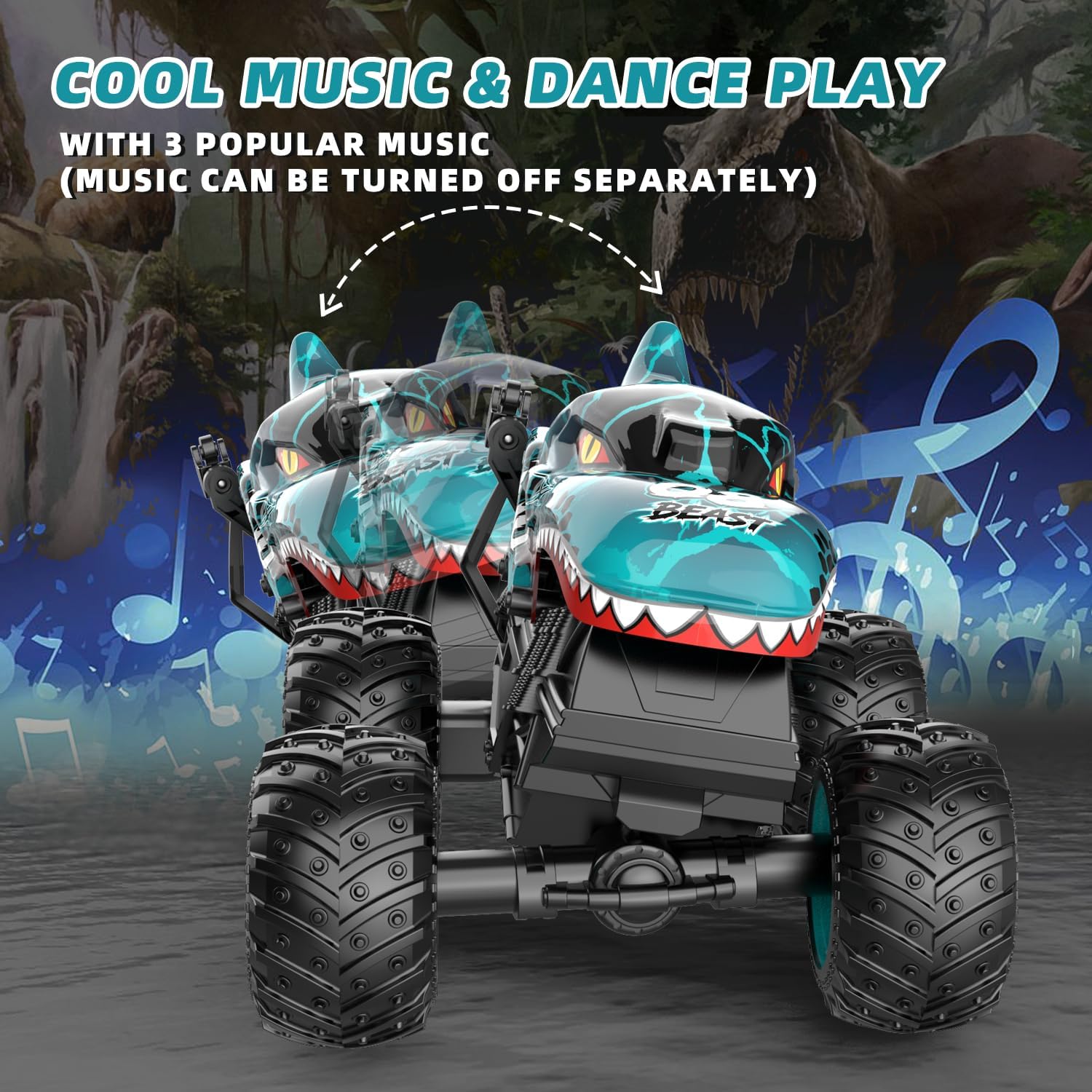 Monster Truck Toys, 2.4Ghz RC Monster Trucks para niños, 120 dinosaurio RC coches con luz y música, camión de control remoto con acrobacia, giro de