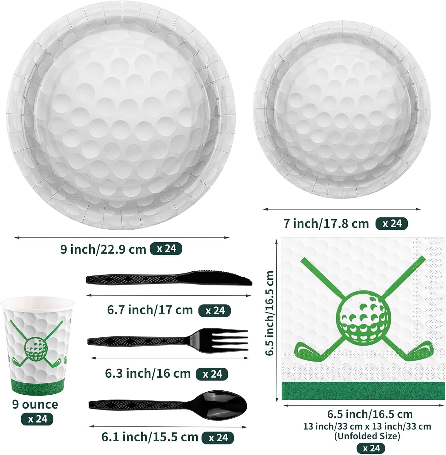 durony 169 piezas de suministros de fiesta de golf incluyen 48 platos de postre de golf, 24 tazas de papel de golf, césped verde, mantel de