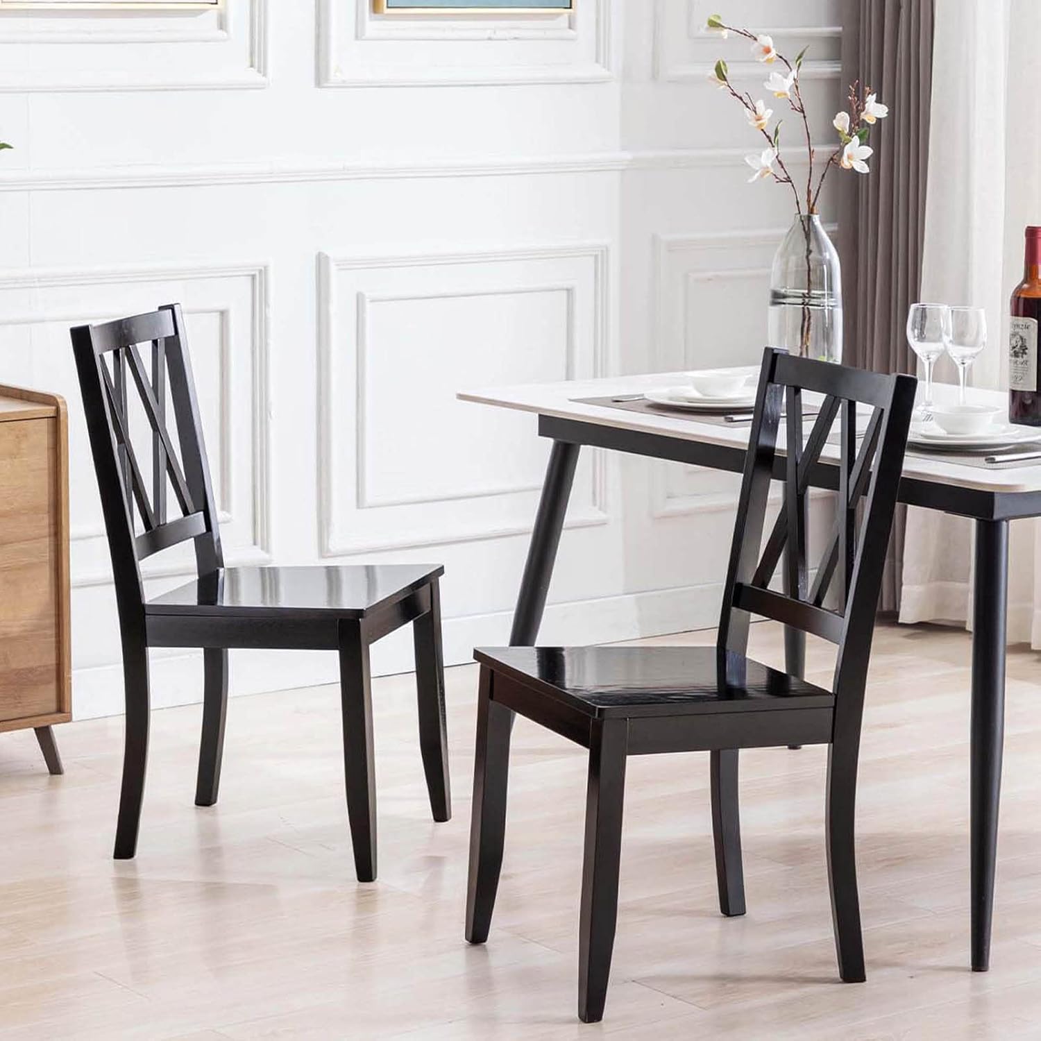 Duhome – Juego de 2 sillas de comedor de madera de goma con respaldo cruzado, sillas de mesa naturales para cocina en casa, base negra