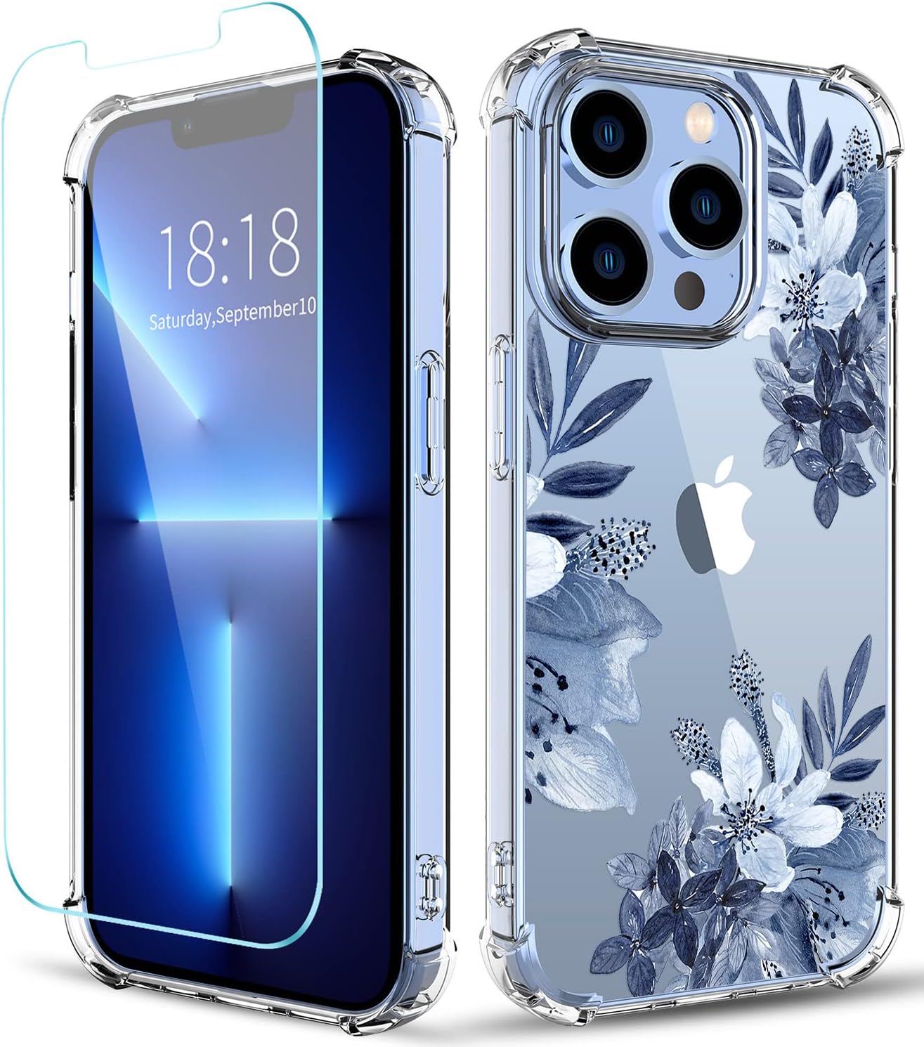 Funda diseñada con flores para iPhone 13 Pro con protector de pantalla, funda transparente floral para mujer, a prueba de golpes, funda protectora