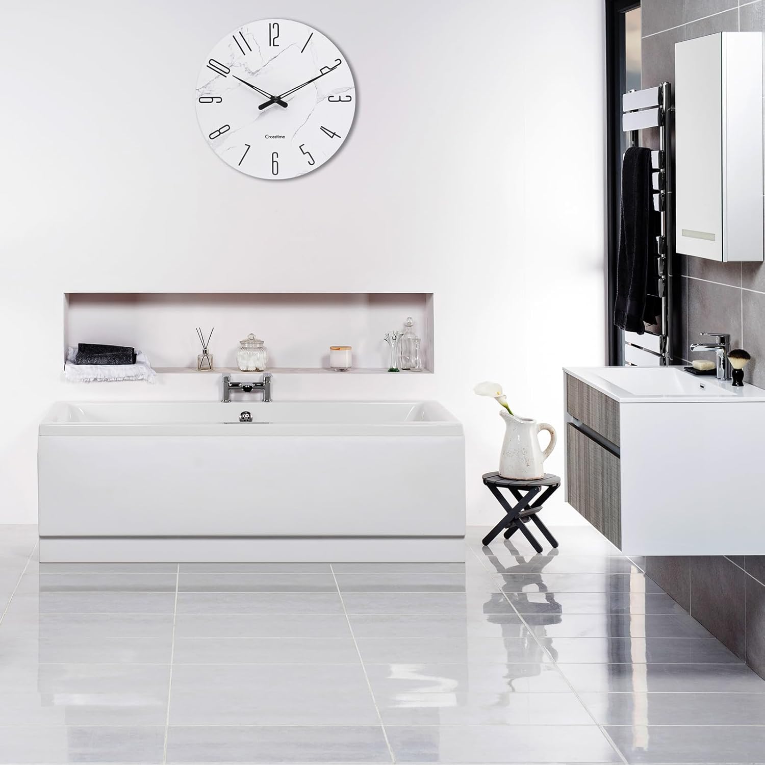 Reloj de pared moderno de 12 pulgadas, reloj de pared de vidrio para baño, minimalista, decorativo, funciona con pilas, silencioso, sin tictac, para