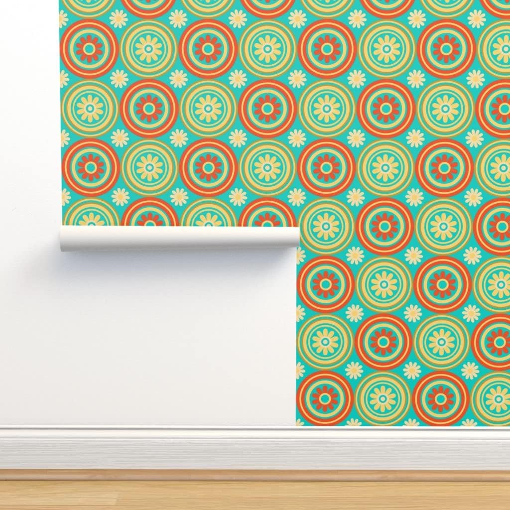 Spoonflower Peel & Stick Wallpaper 3ft x 2ft – Retro Floral Tile Circles Mid Century Midcentury Modern Turquoise Orange Yellow Vintage Geometric