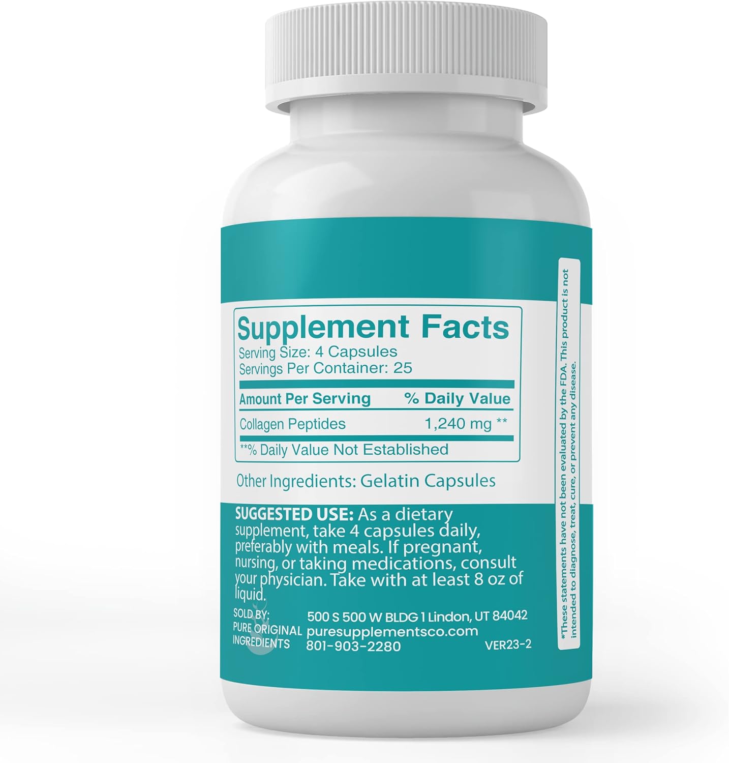 Pure Original Ingredients Péptido de colágeno, (100 cápsulas) puro, sin aditivos ni rellenos, verificado por laboratorio