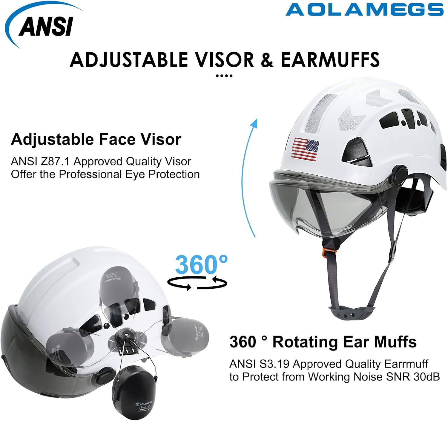 AOLAMEGS Casco duro de construcción con visera  Casco de seguridad ABS ANSI Z89.1, casco de seguridad ABS ANSI Z89.1, cascos para adultos para