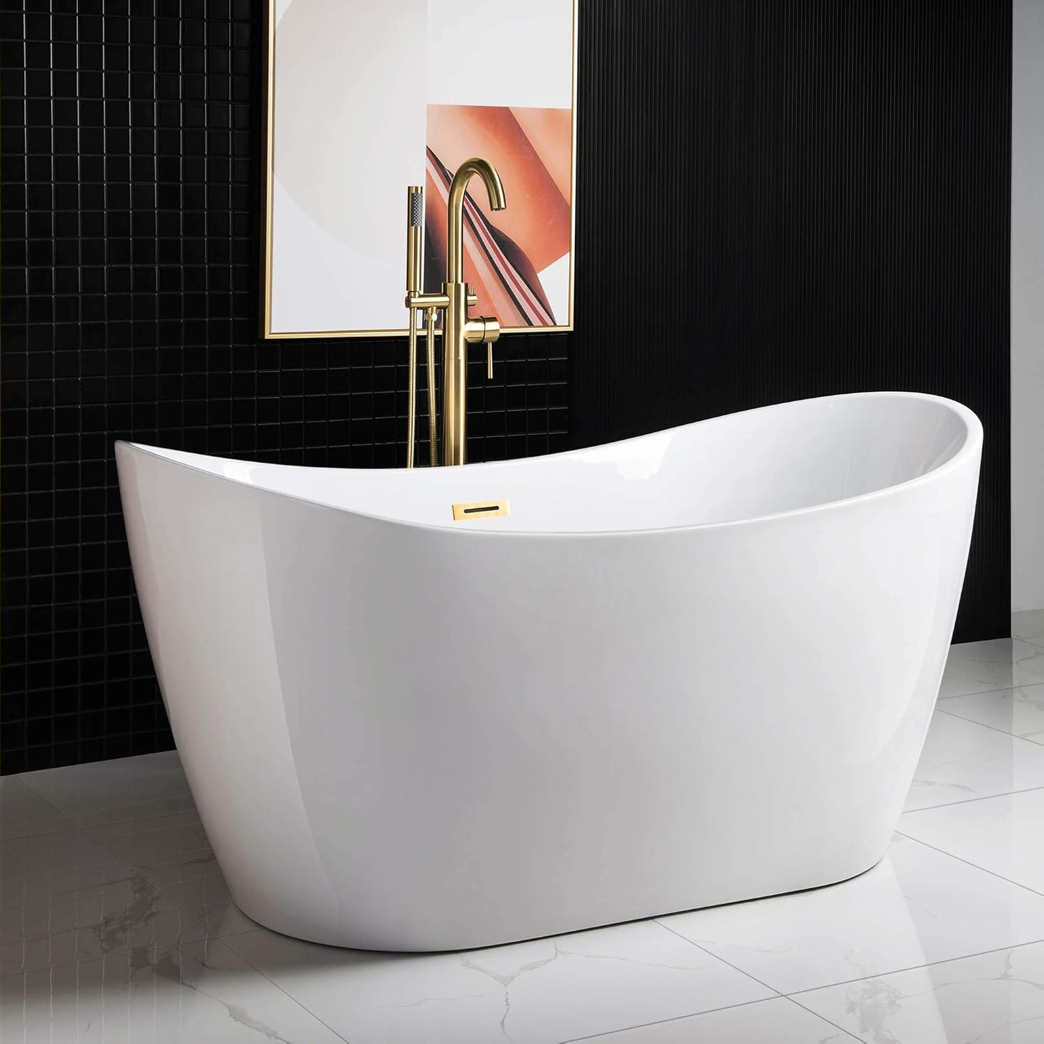 WOODBRIDGE BTA1516-BG-Drain-&O – Bañera de acrílico independiente de 59 pulgadas con desbordamiento y drenaje de oro cepillado, BTA1516-BG-Drain-&O