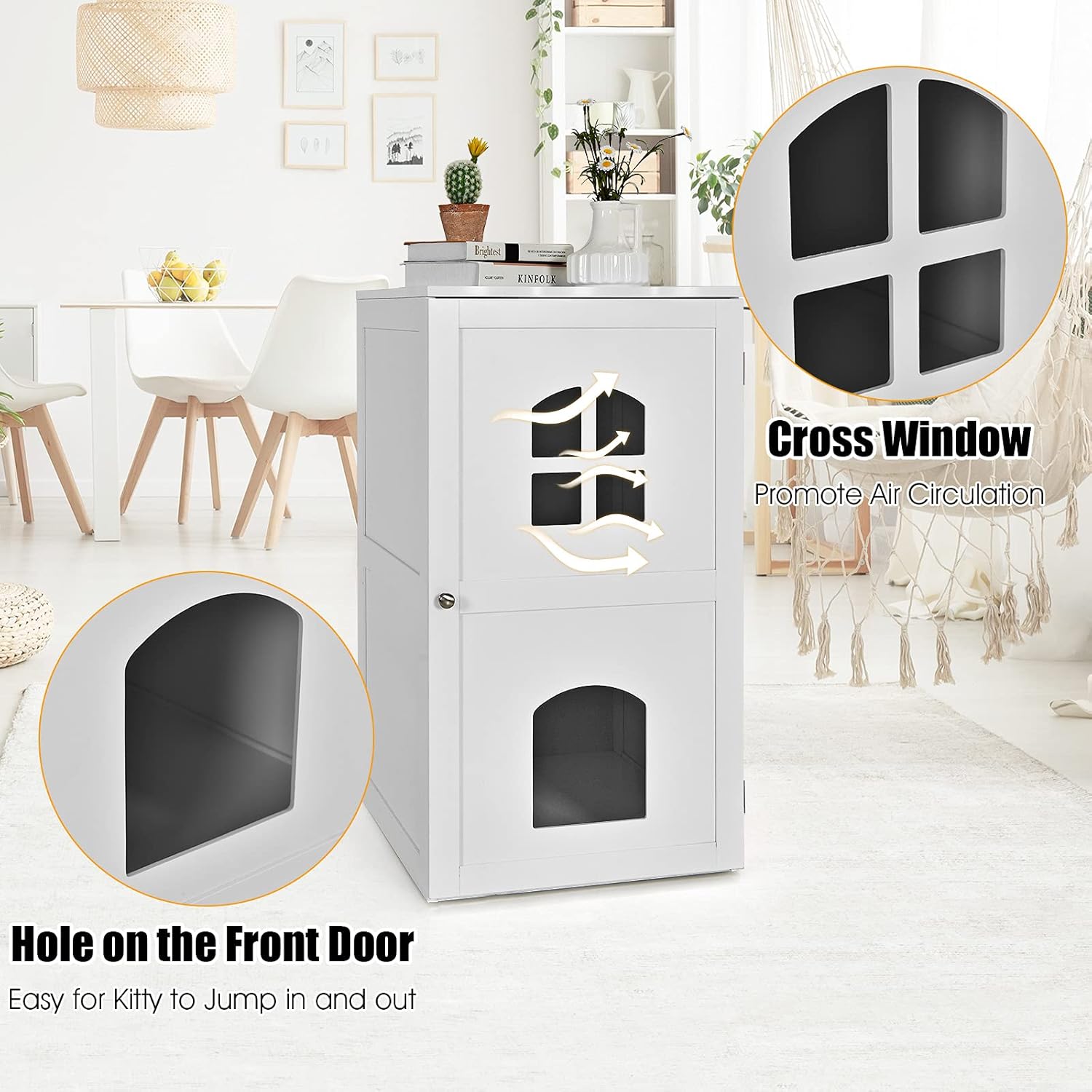 Tangkula Caja de arena para gatos, casa decorativa para gatos de 2 niveles con 2 ventanas ventiladas, mesita de noche interior, casa para mascotas,