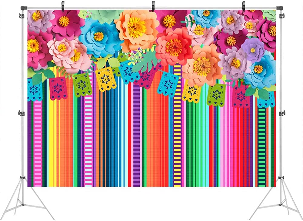 Ticuenicoa Telón de fondo de fiesta mexicana de 9 x 6 pies para fotomatón de flores, fondo de fiesta, telón de fondo para fotos, rayas florales,