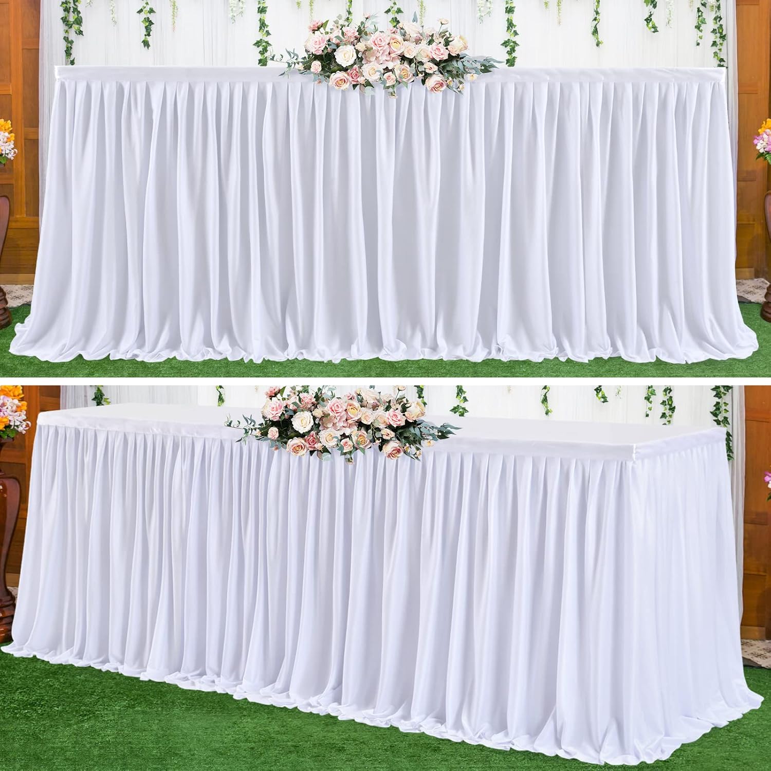 Partisky Falda de mesa de poliéster blanco para mesas rectangulares 12f, mantel plisado resistente a las arrugas para fiesta de cumpleaños,