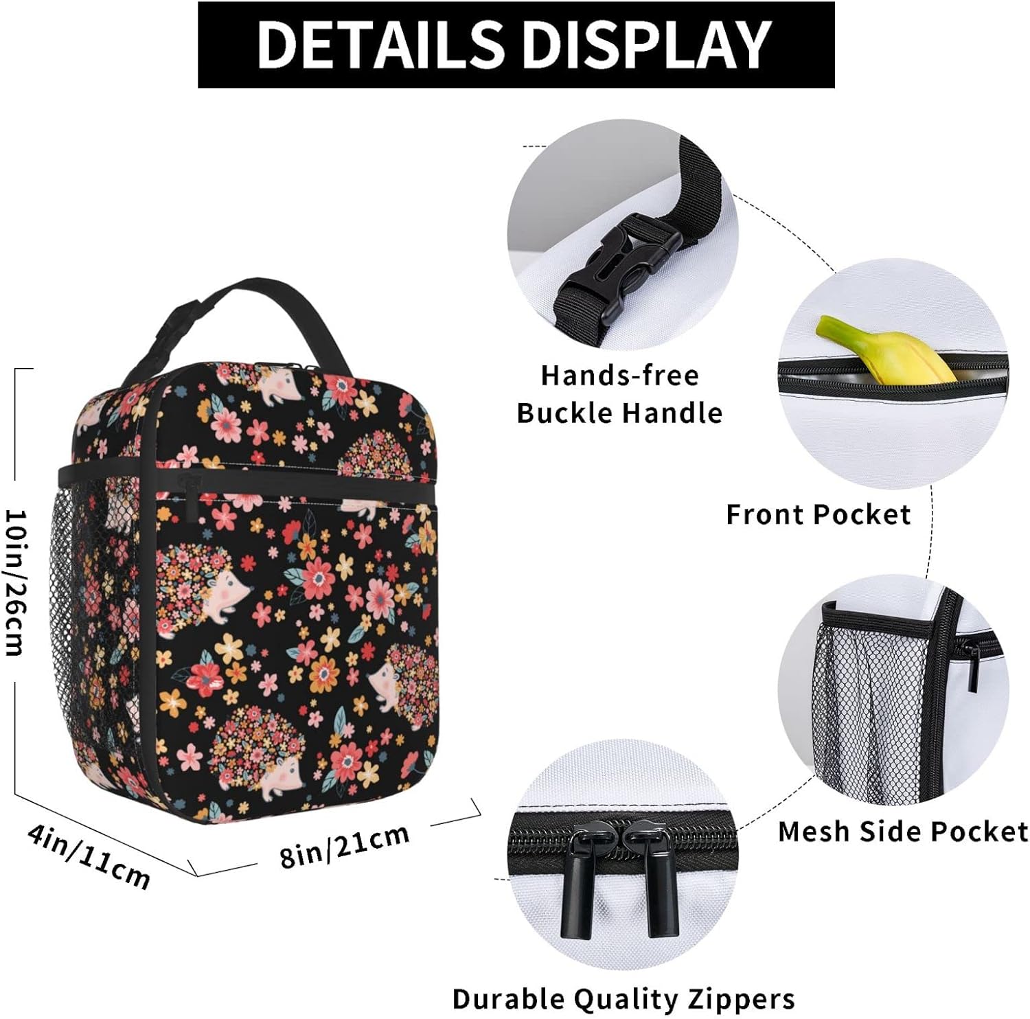Bolsa de almuerzo con diseño de flores y erizos lindos, bolsa de comida aislada, contenedor de alimentos para la escuela, trabajo, picnic, viajes