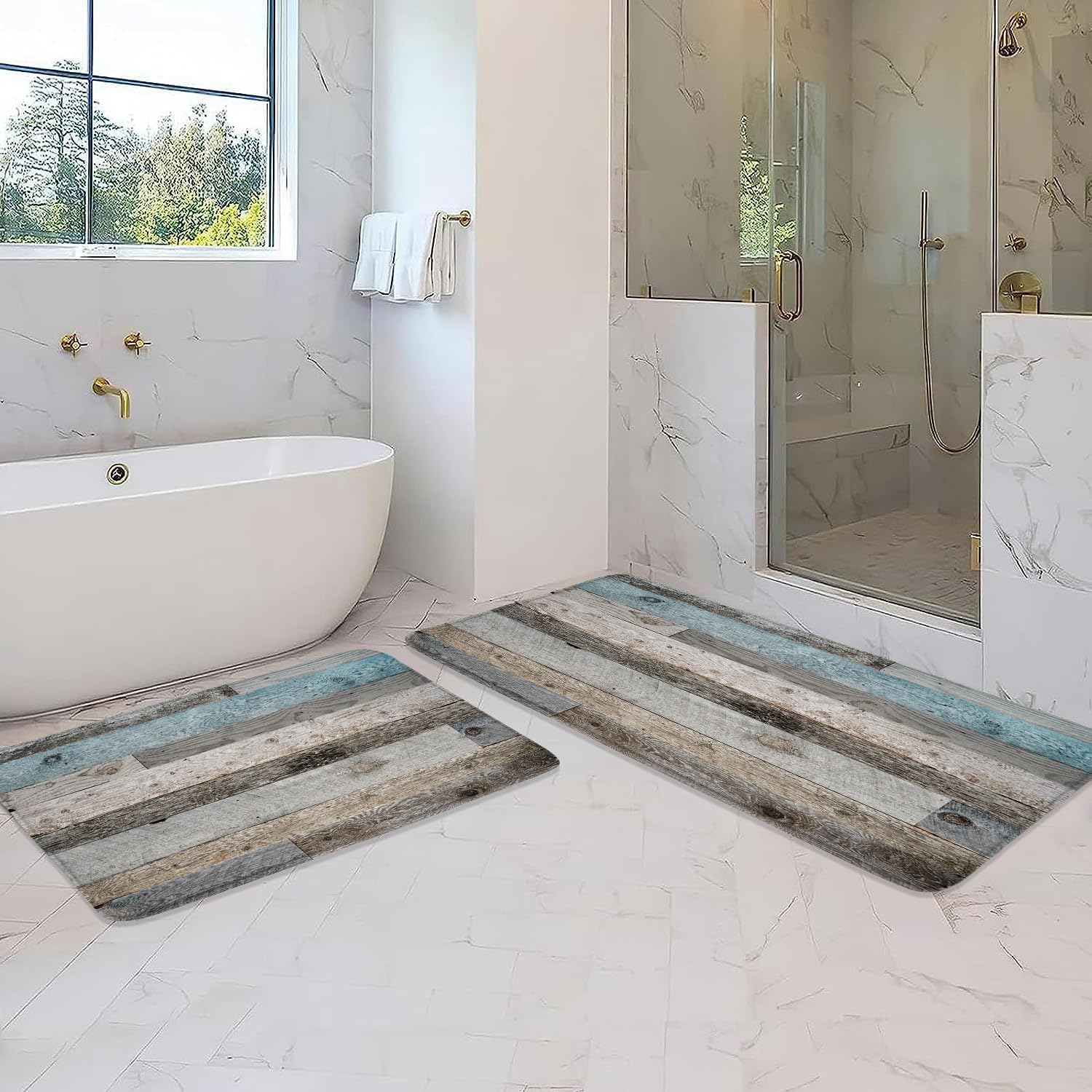 YSSFAV 2 tapetes de baño de madera rústica, azul, gris, verde azulado, vintage, para puerta de granero, espuma viscoelástica, baño, cocina,