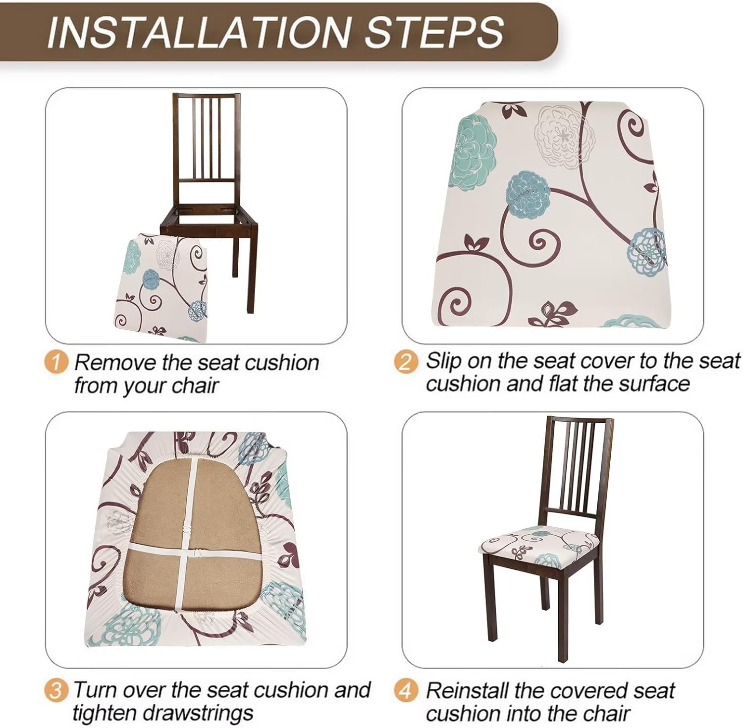 SearchI Juego de 4 fundas de asiento para sillas de comedor, fundas de asiento elásticas con estampado, extraíbles y lavables, fundas de cojín para