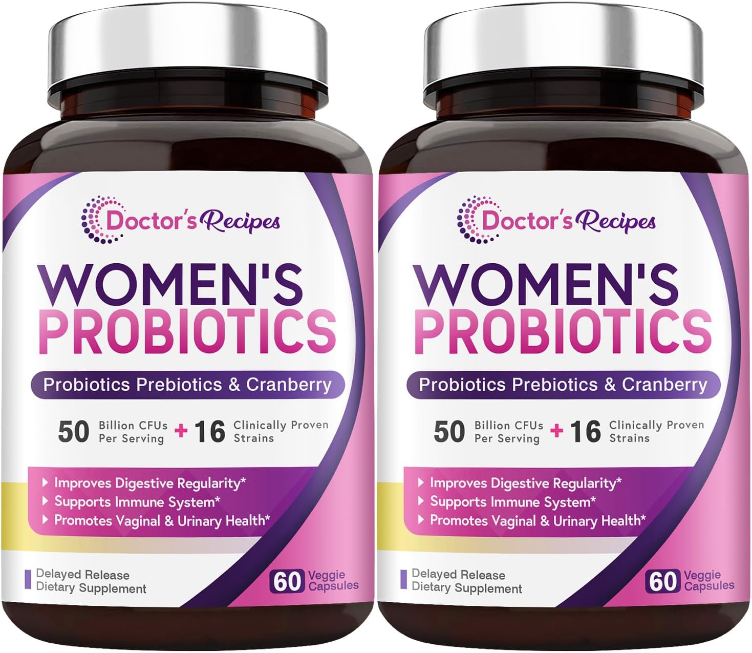 Doctor’s Recipes Probióticos para mujeres, 50 mil millones de UFC, 16 cepas, con prebióticos orgánicos de arándano, estable en el almacenamiento,