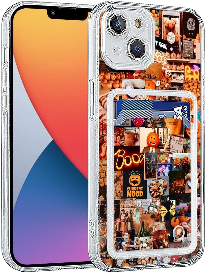 Kyppwh Funda estética para iPhone 14 Plus con tarjetero, diseño de calabaza retro, diseño moderno y moderno, funda de regalo de TPU suave para