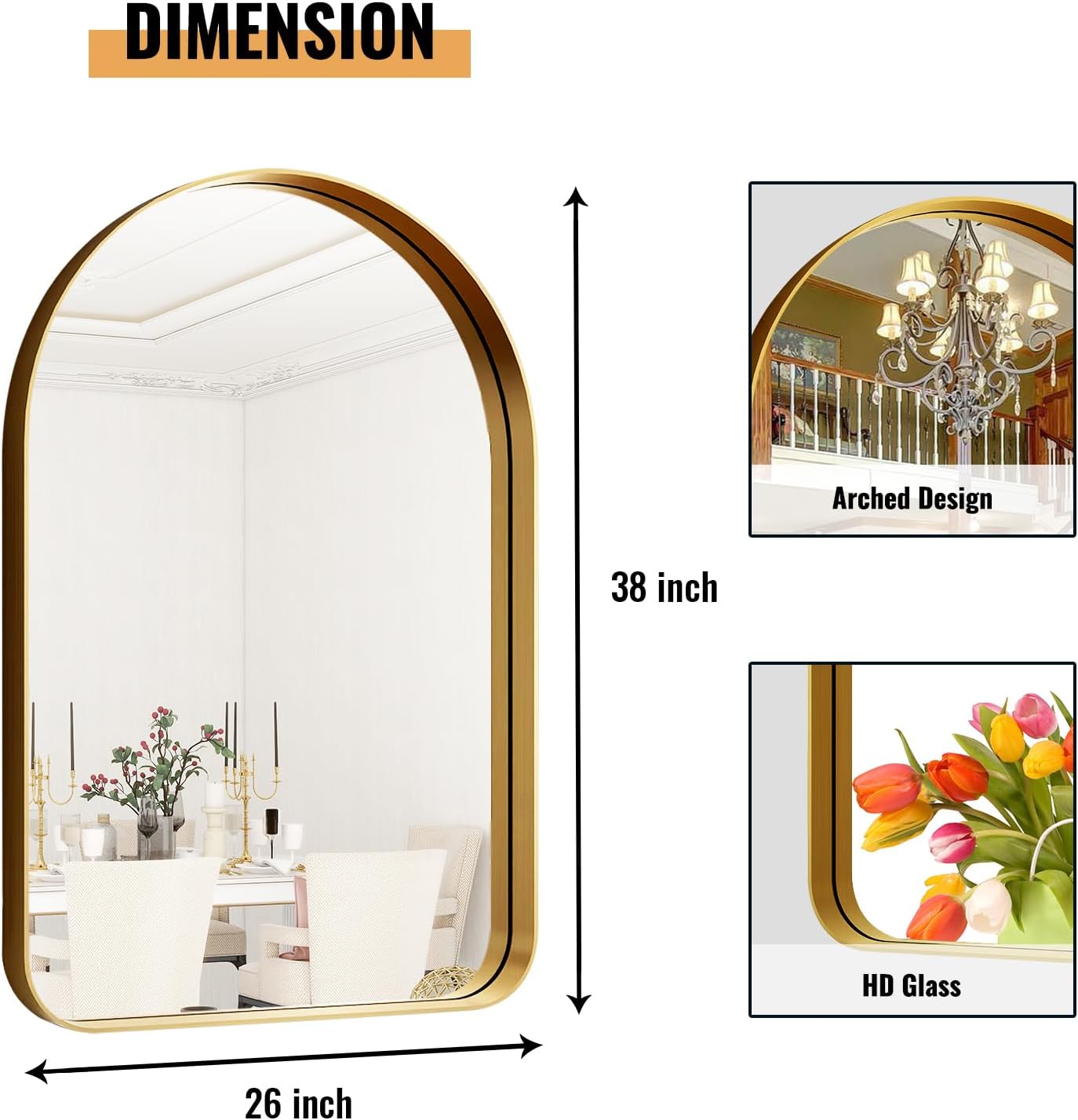 Espejo de baño arqueado, espejo de baño dorado de 38 x 26 pulgadas para pared, espejo enmarcado de aleación de aluminio, espejo de tocador de baño