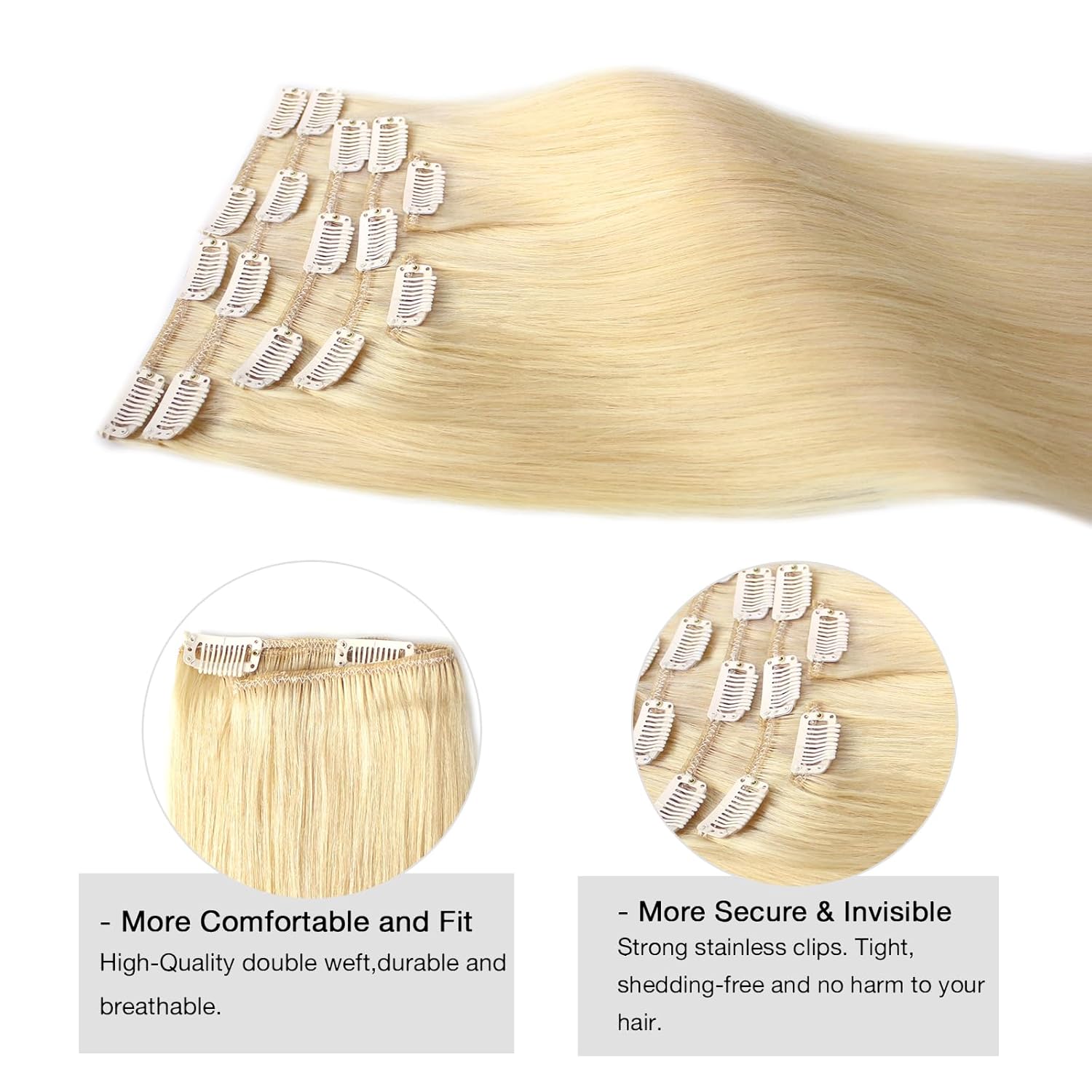 Atbering Extensiones de cabello humano real con broches, color rubio decolorado, extensiones de cabello virgen con clip, para cabello lacio o