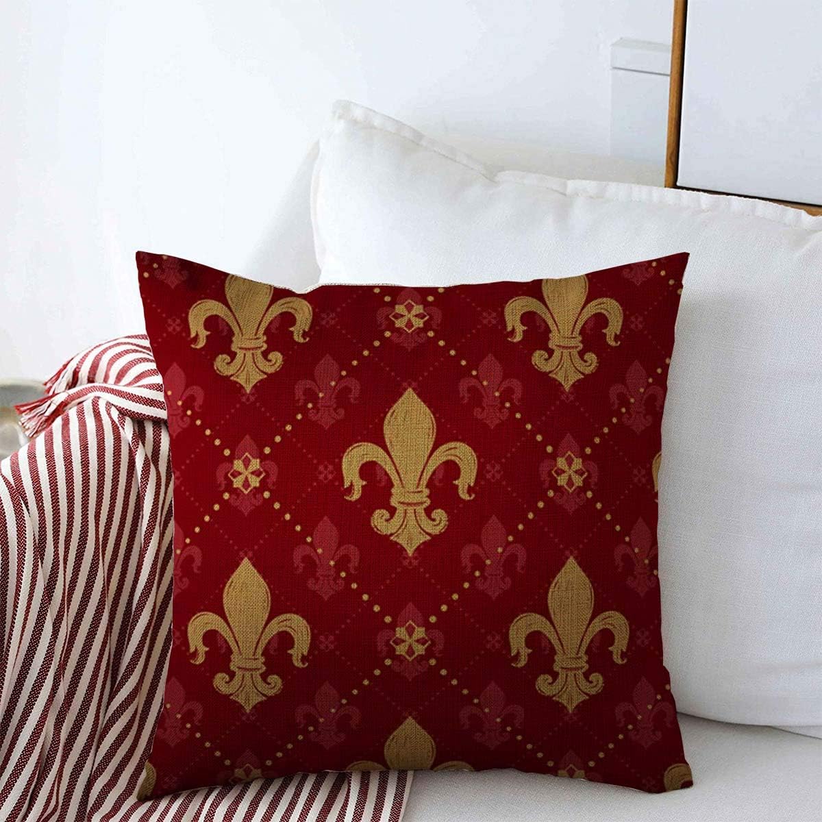 Fundas de almohada de 16 x 16 pulgadas, color rojo heráldico, lirio de oro real, lirio dorado LYS, patrón de flores, medieval, rey de Francia,
