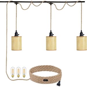 Cable de 3 luces colgantes enchufables, kit de lámpara colgante con interruptor regulable, cuerda de cáñamo de 22 pies, luz colgante con cable de Cable de 3 luces colgantes enchufables, kit de lámpara colgante con interruptor regulable, cuerda de cáñamo de 22 pies, luz colgante con cable de