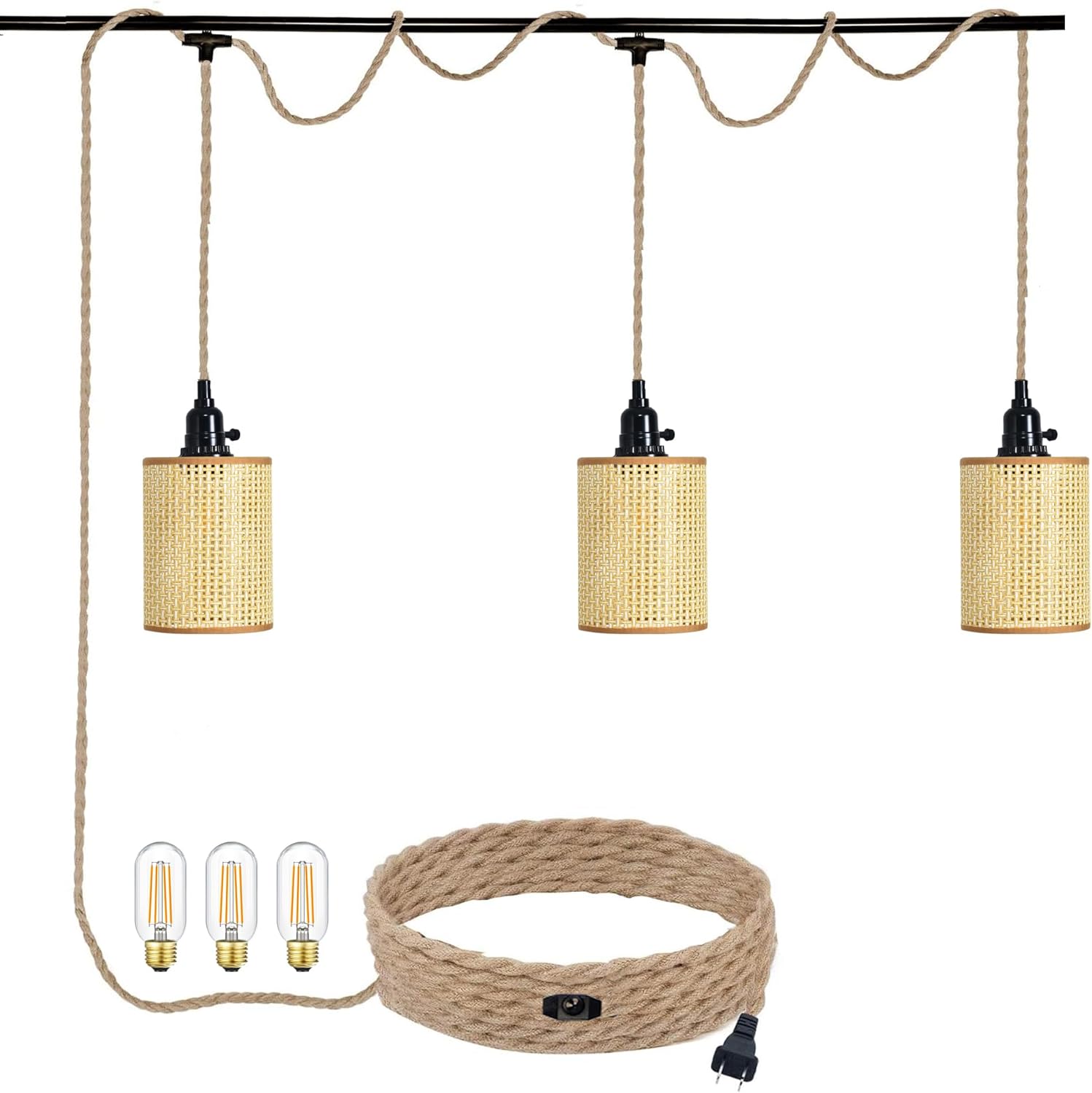 Cable de 3 luces colgantes enchufables, kit de lámpara colgante con interruptor regulable, cuerda de cáñamo de 22 pies, luz colgante con cable de