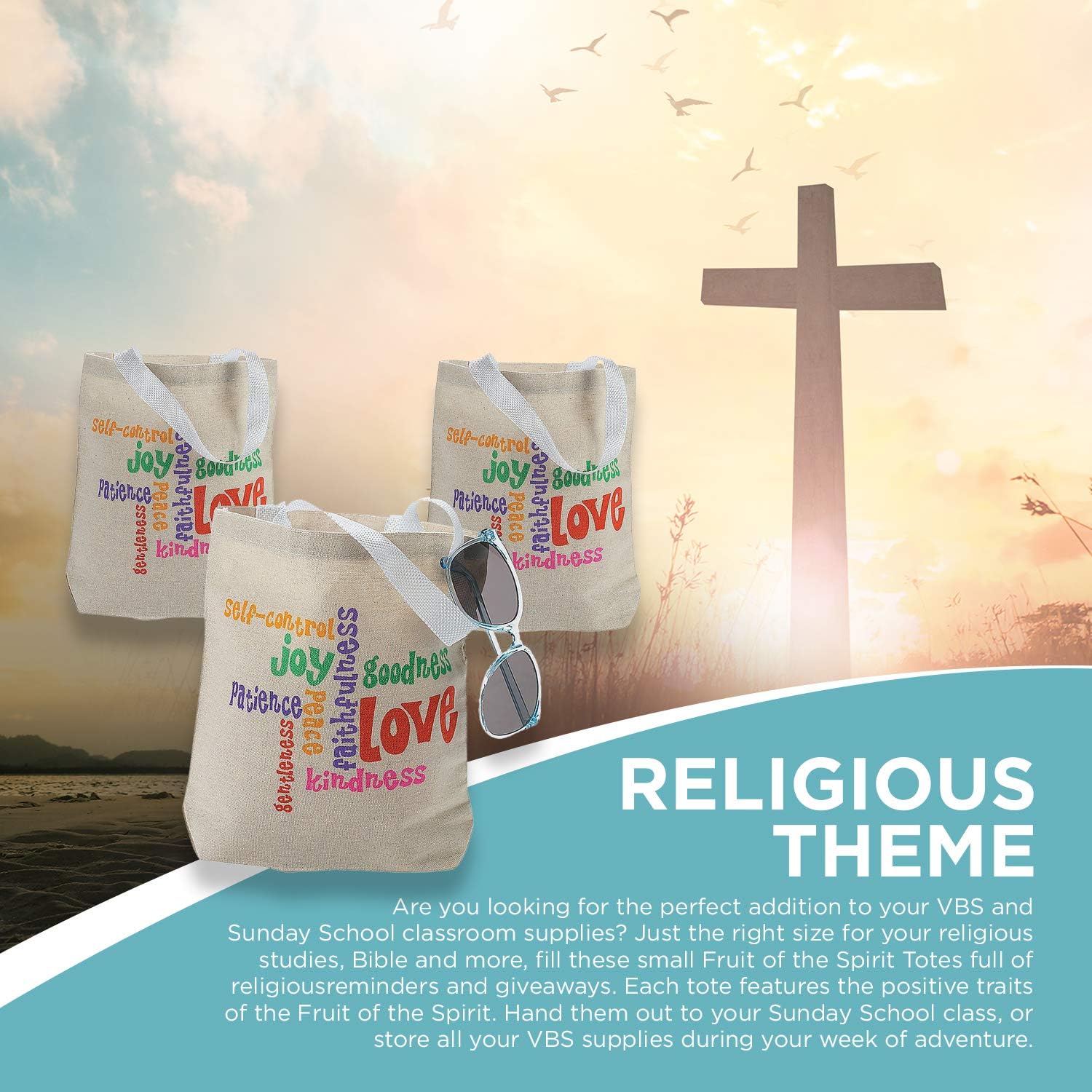 Fun Express Fruit Of The Spirit – Bolsas de mano, juego de 12 bolsas de bienvenida para la iglesia, regalos y suministros religiosos, Varios colores