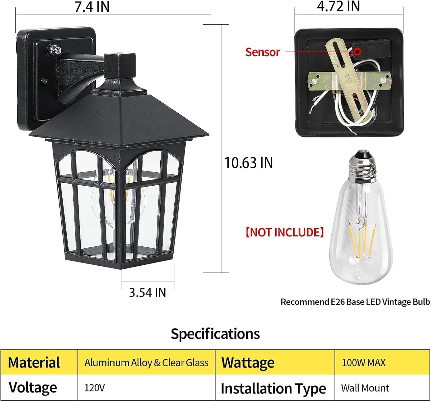 Zanritelit Farol de pared para exteriores, color negro mate, impermeable, accesorios de iluminación exterior, aplique de montaje en pared para casa,