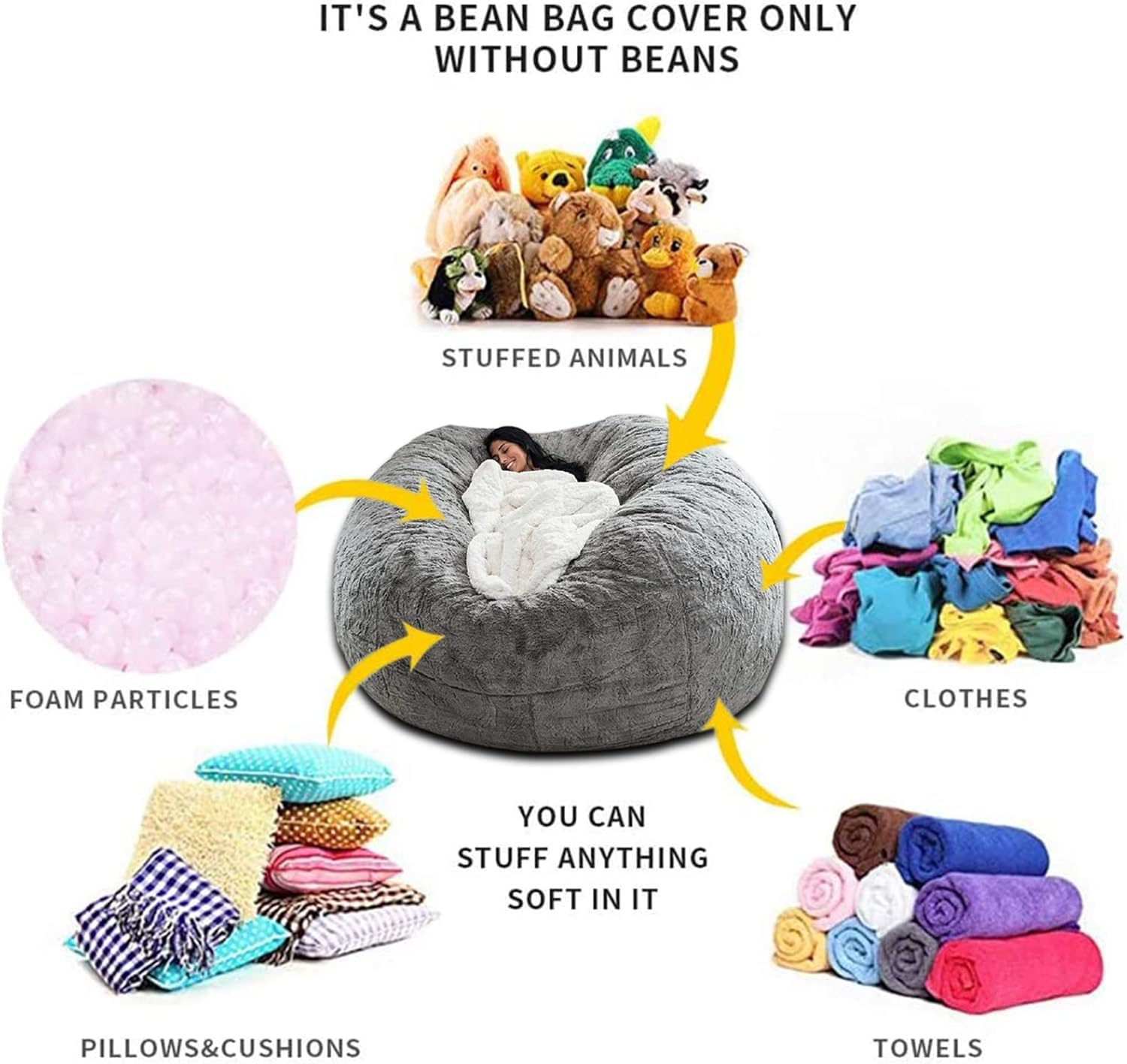 Funda para silla tipo puf de piel gigante para niños y adultos, (sin relleno), muebles de sala de estar, grande, redondo, suave, esponjoso, de piel