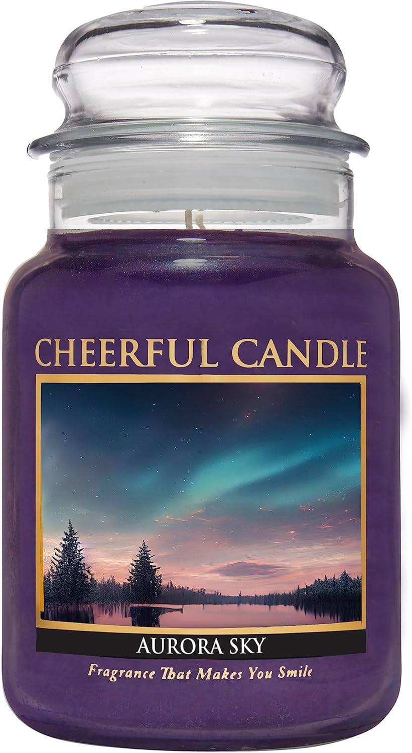 A Cheerful Giver – Aurora Sky – Tarro grande de vela perfumada de 24 onzas con tapa – Vela alegre – 135 horas de tiempo de combustión, regalo de