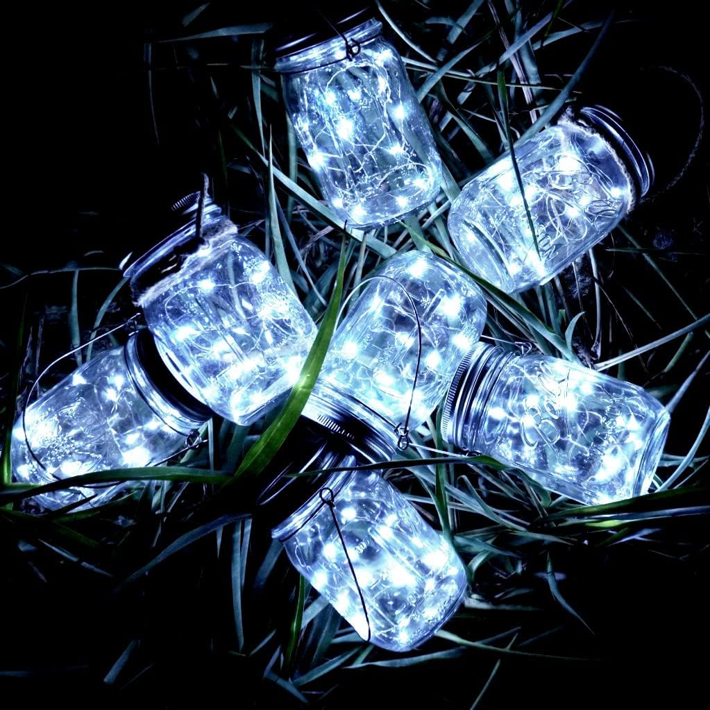Paquete de 10 luces solares para tarros de masón, 20 luces LED con forma de hada y estrella, con 10 colgadores, resistente al agua y al óxido, para