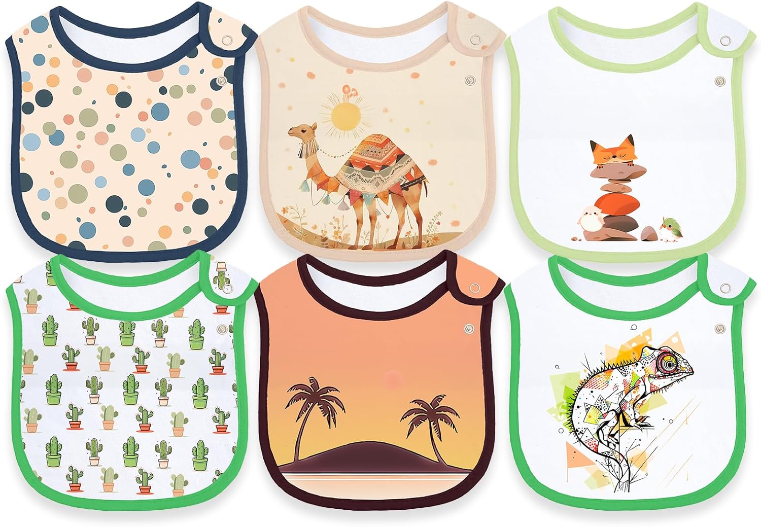Maiwa Paquete de 6 baberos de algodón impermeables con broches para bebés, niños y niñas, dentición babeo y alimentación