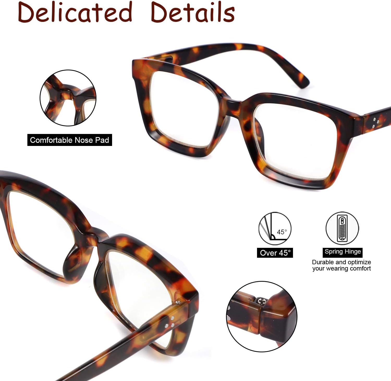 JiSoo Anteojos de lectura de gran tamaño para mujer 2.5, diseño elegante, marco grande con bisagra de resorte, tortuga 2.5