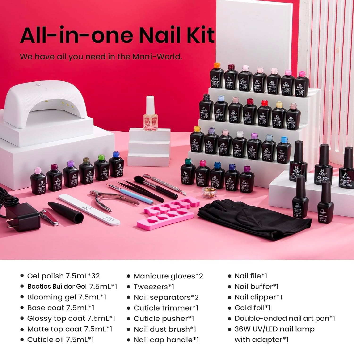 Beetles – Kit de esmalte de uñas de gel con luz UV, 53 piezas, kit de iniciación de gel de 32 colores, rosa, azul, purpurina, juego de esmalte de