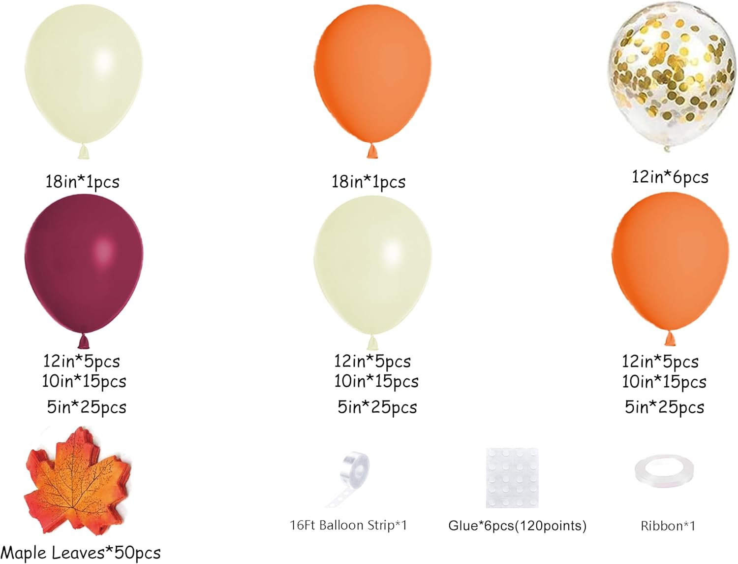 Bonropin Kit de guirnalda de arco de globos de otoño de 193 piezas con globos de confeti amarillo pastel, naranja, borgoña, dorado, hojas de arce